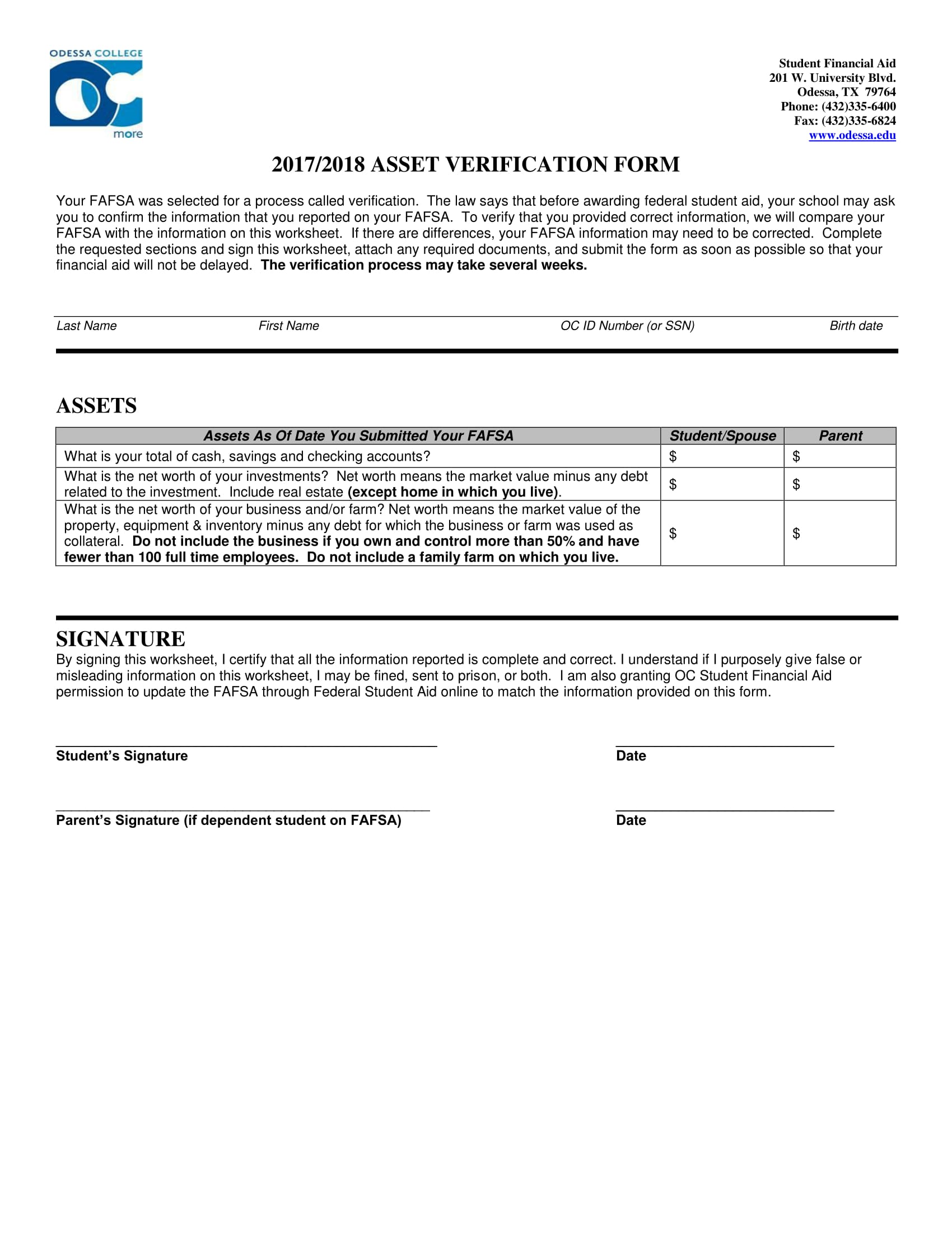 annual student asset verification form 1