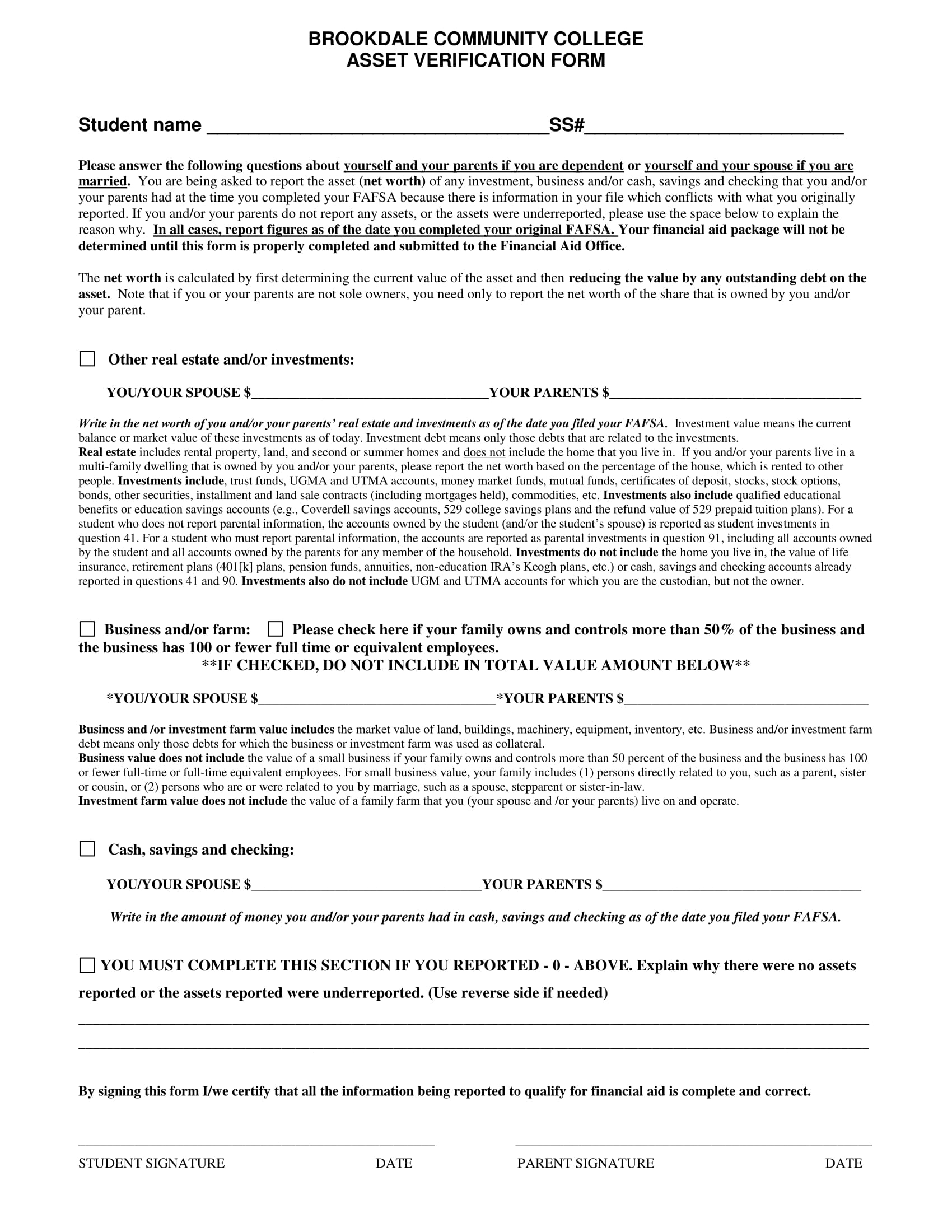 college asset verification form 1