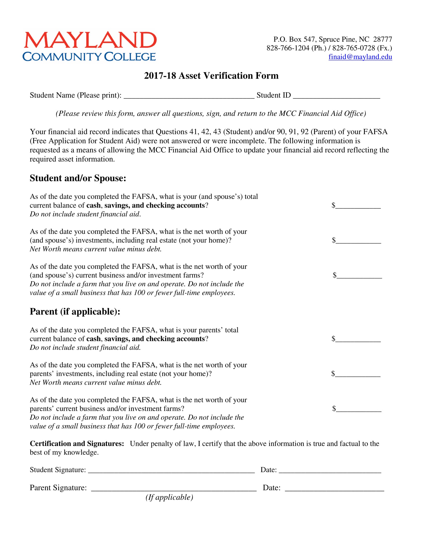 student spouse asset verification form 1