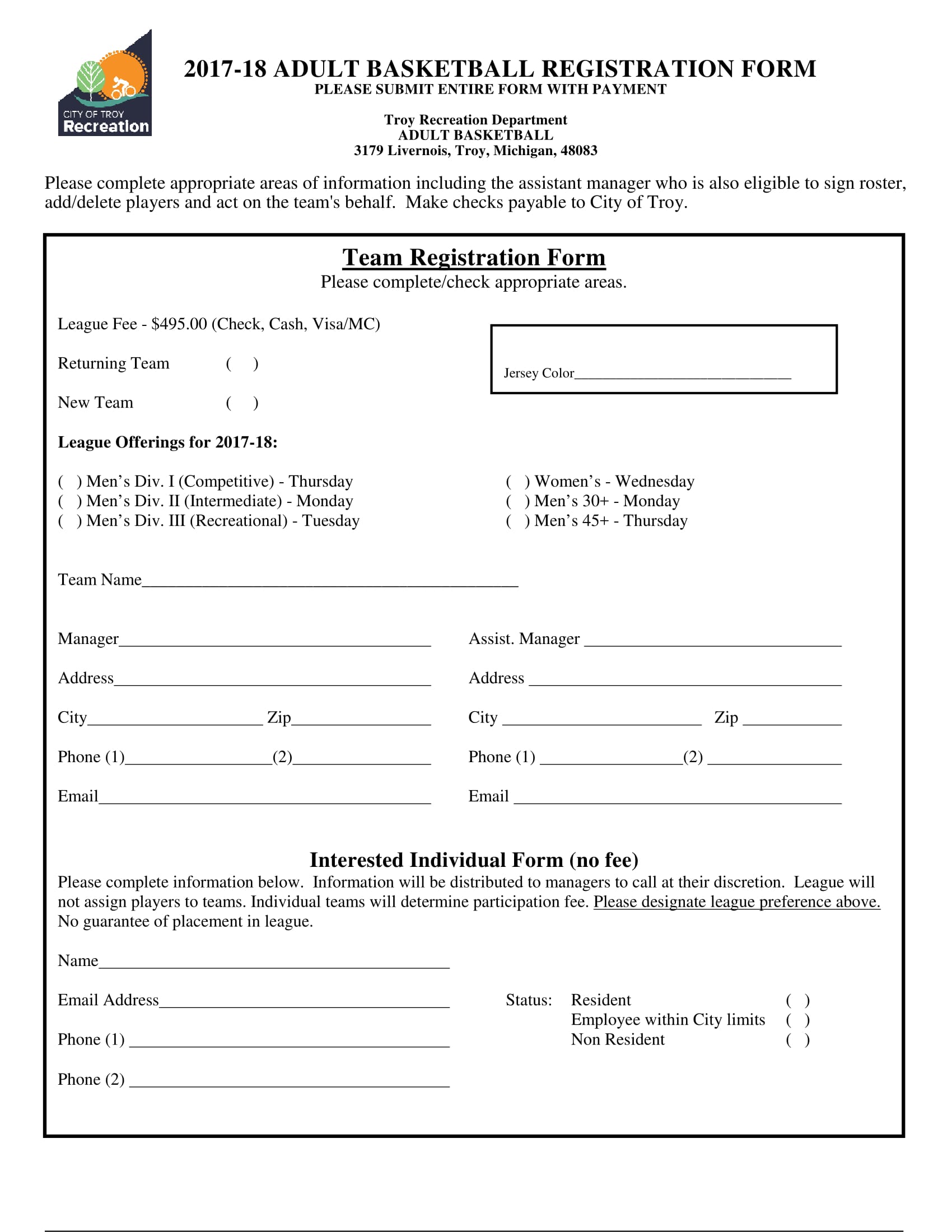 Printable Player Registration Form Template Word