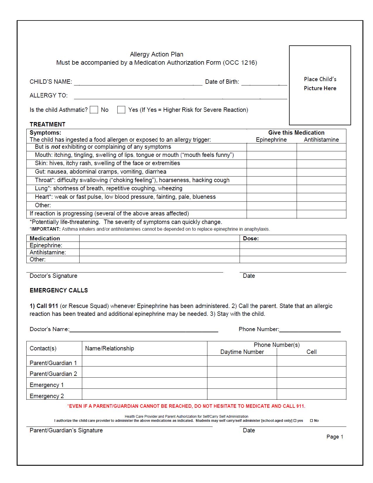 Free Printable Allergy Form Template Printable Templates Free