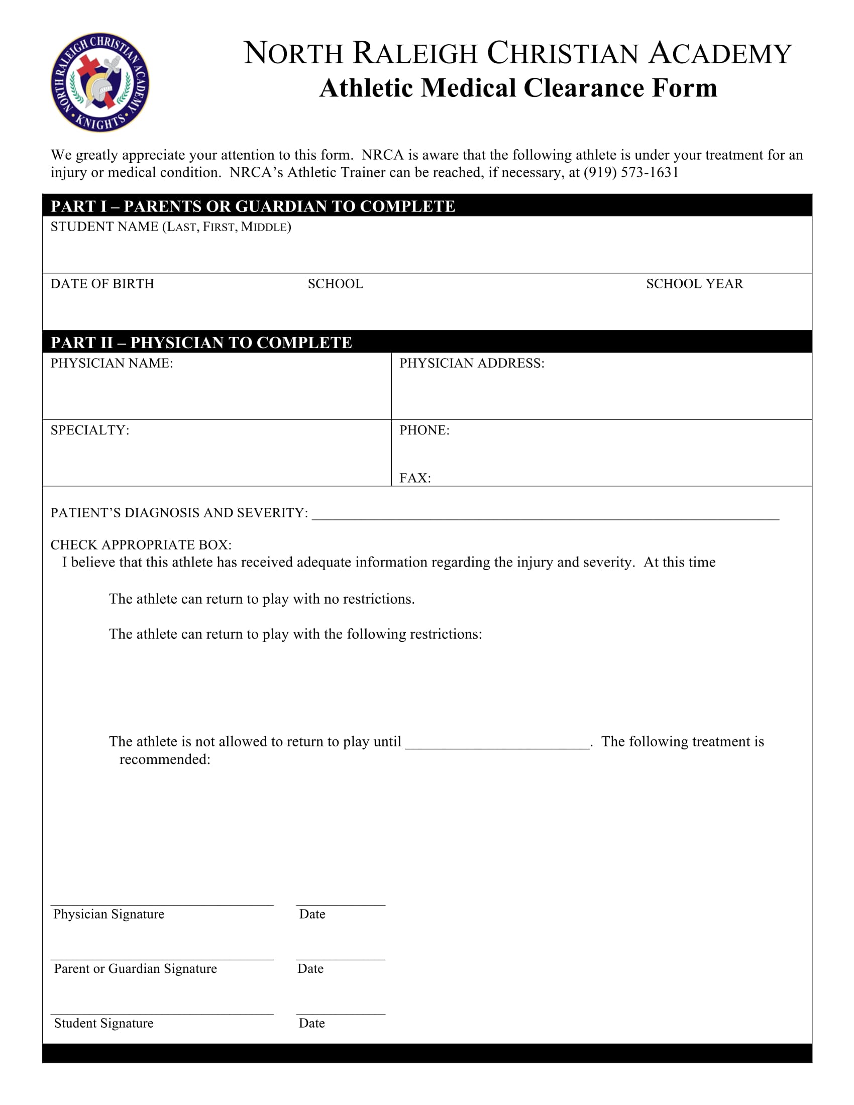 athletic medical clearance form 1