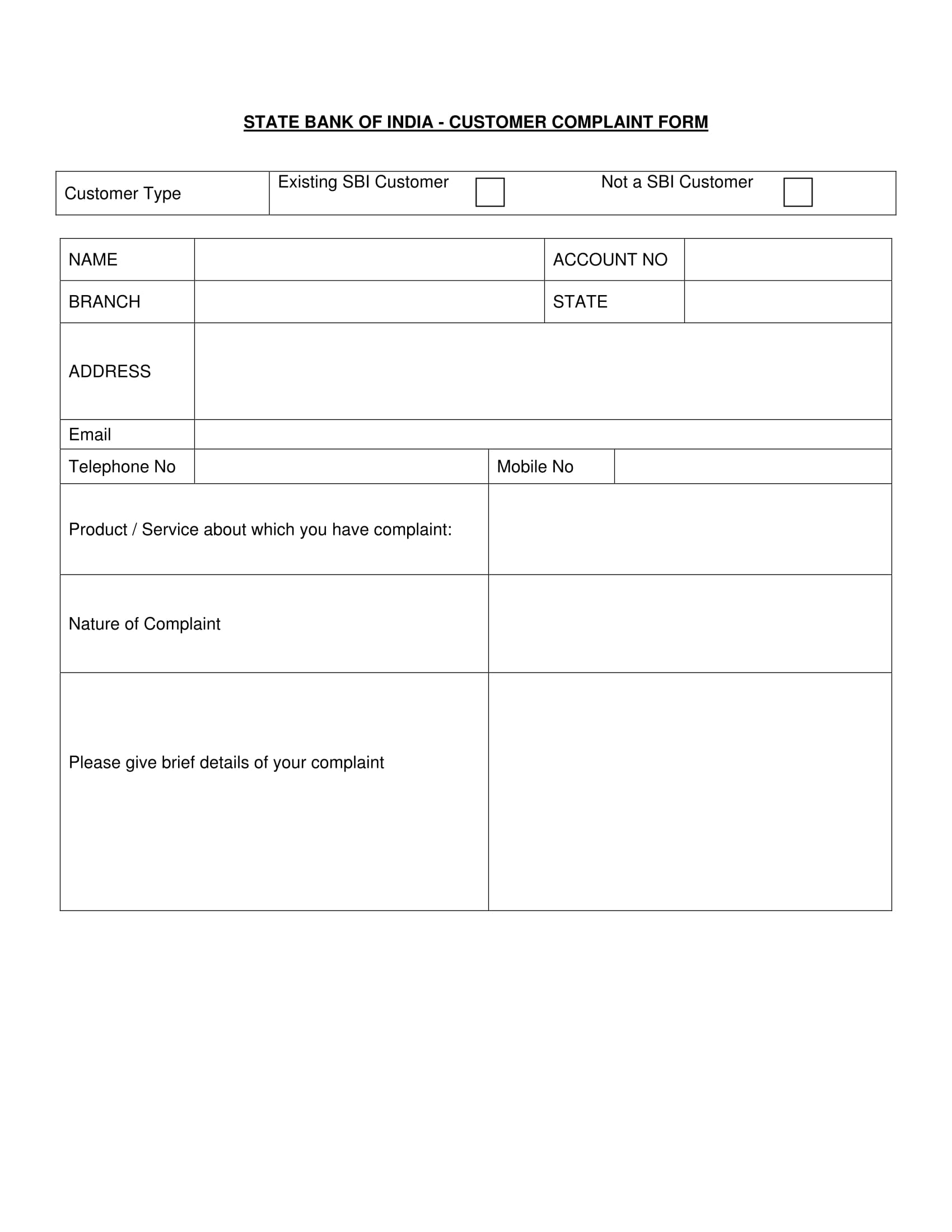 bank customer complaint form 1