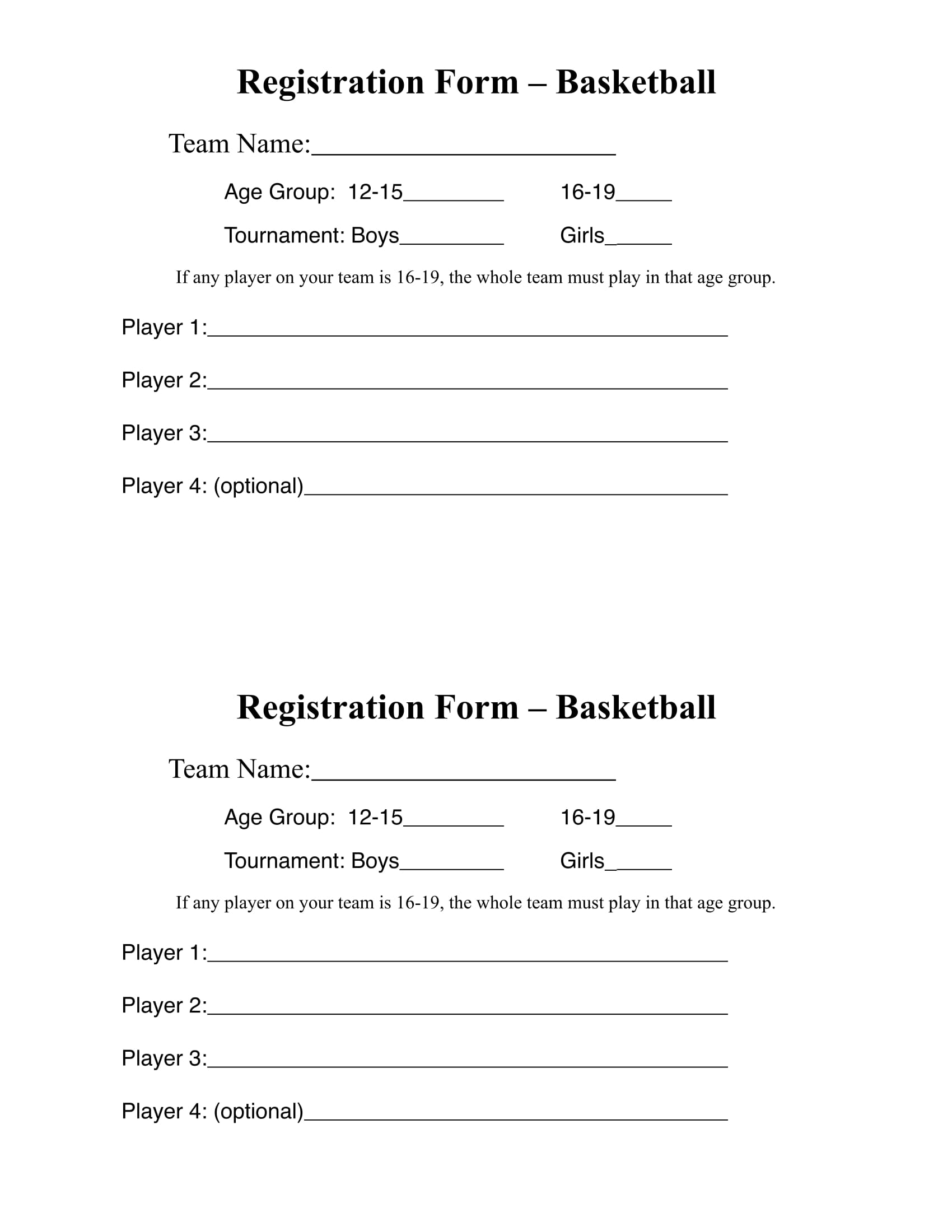 Basketball Tournament Registration Form Template Master