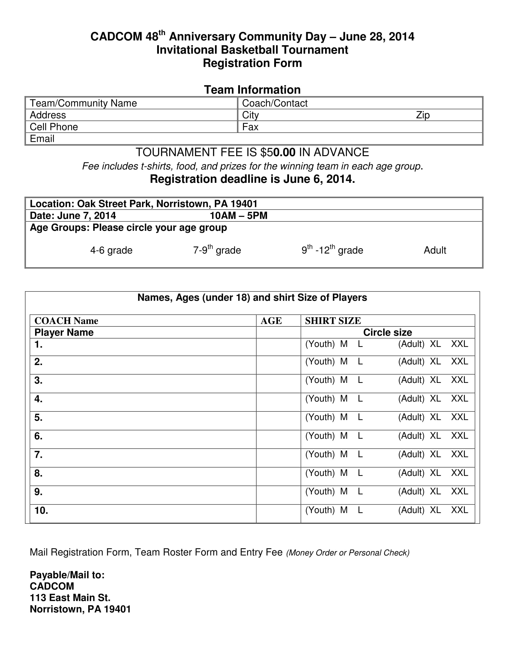 Printable Tournament Registration Form Template Word Printable Forms