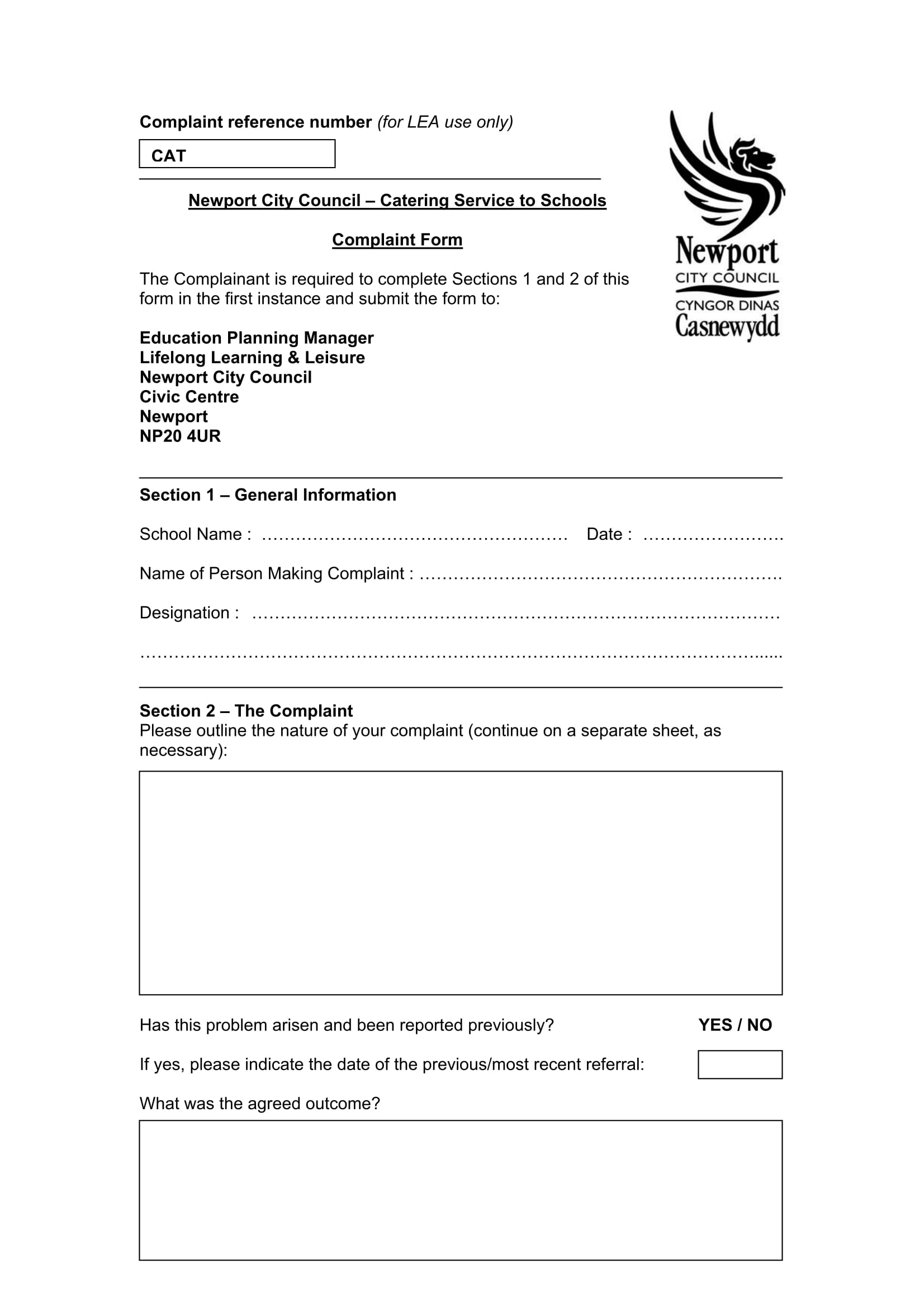 catering service complaint form 1