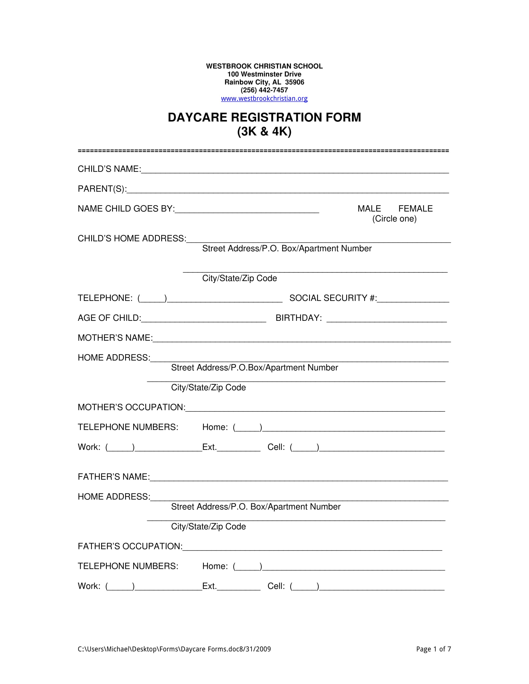 christian school daycare registration form 11