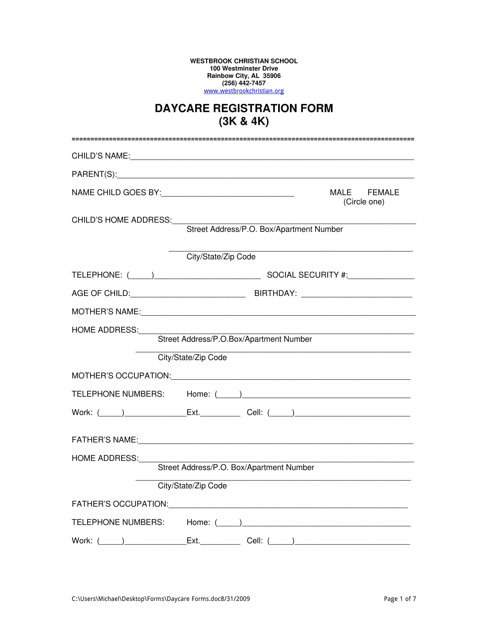 Sample Daycare Forms Free The Document Template 