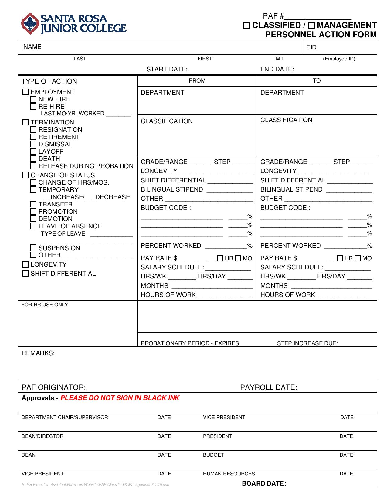 classified or management personnel action form page 001