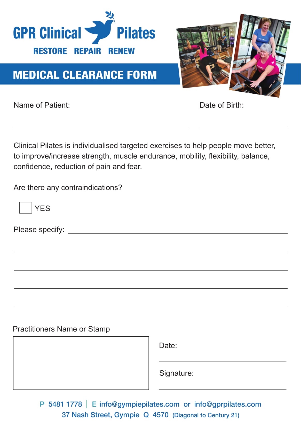 clinical pilates medical clearance form 1