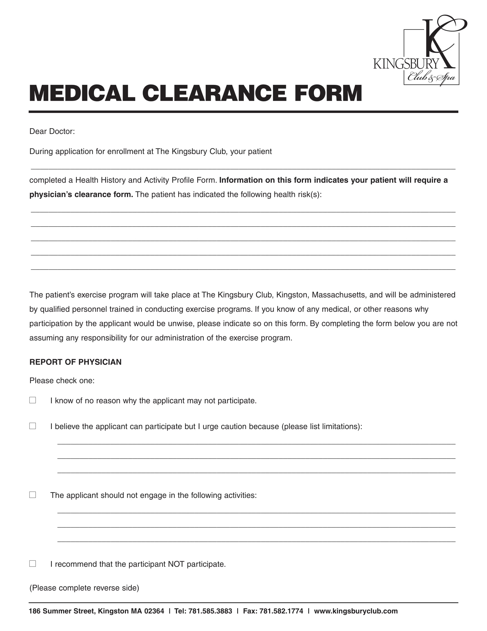 club medical clearance form 1