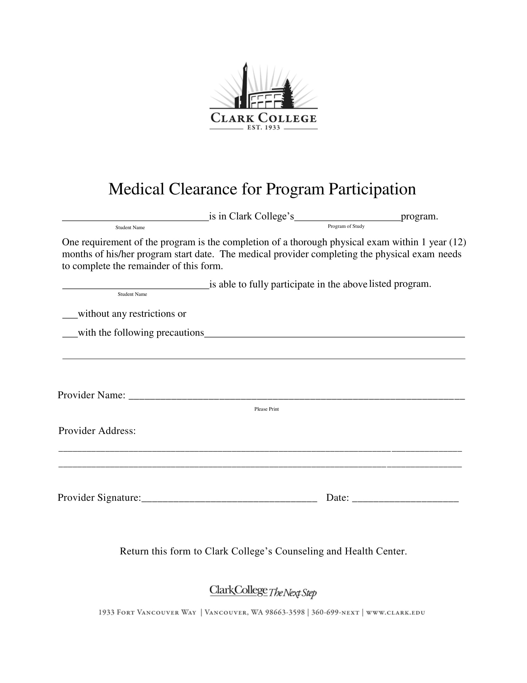 college program medical clearance form 1