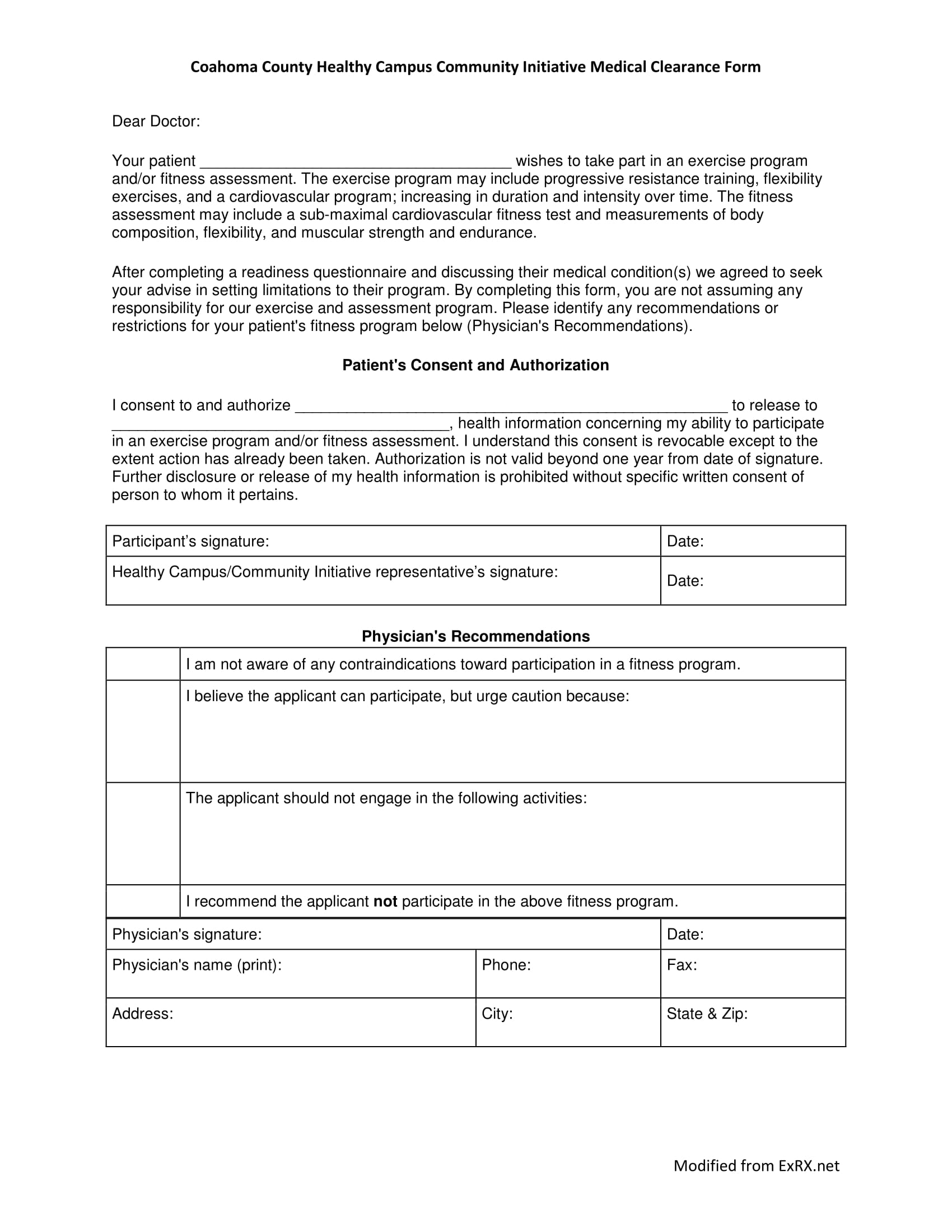 community initiative medical clearance form 1