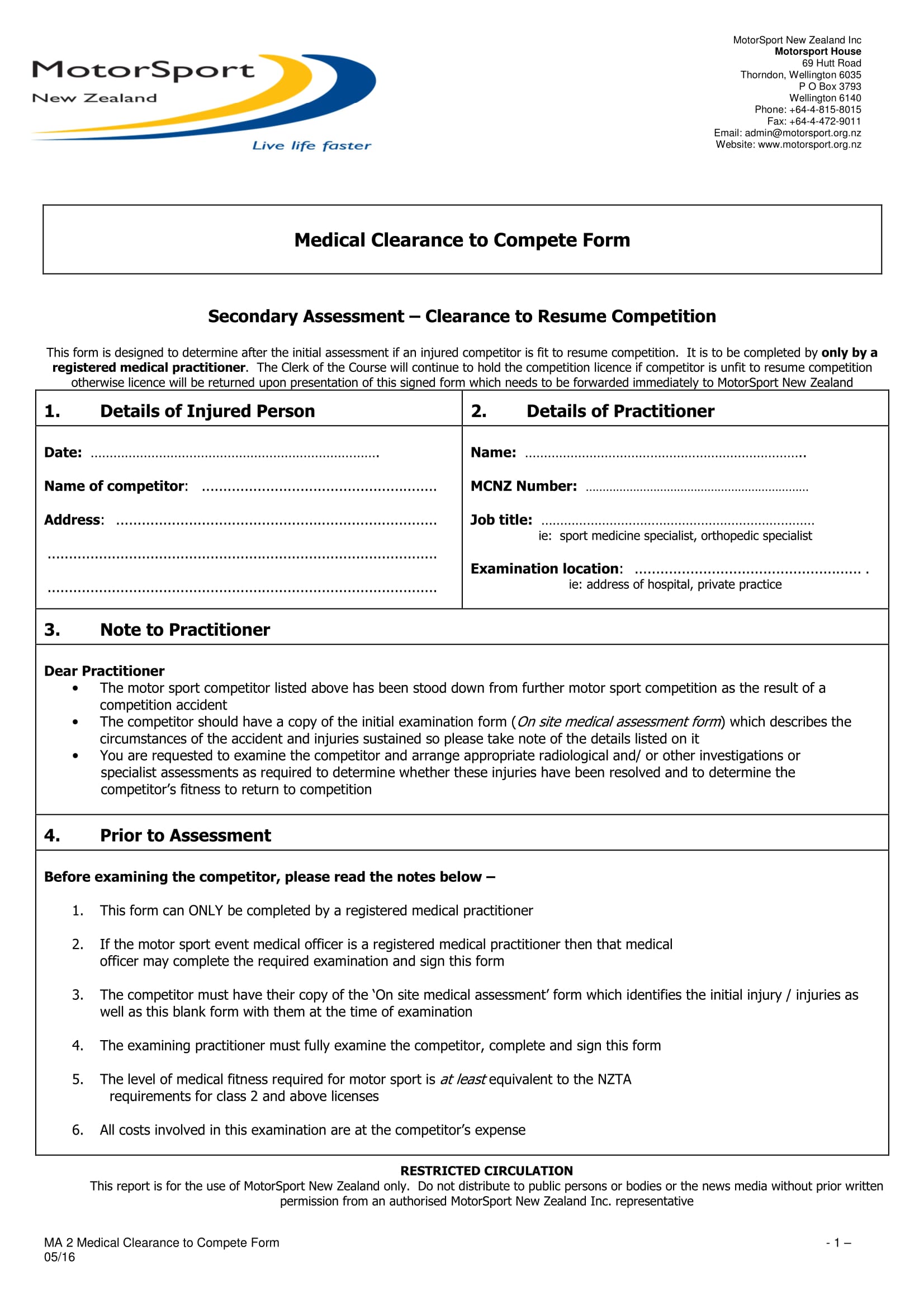 competition medical clearance form 1