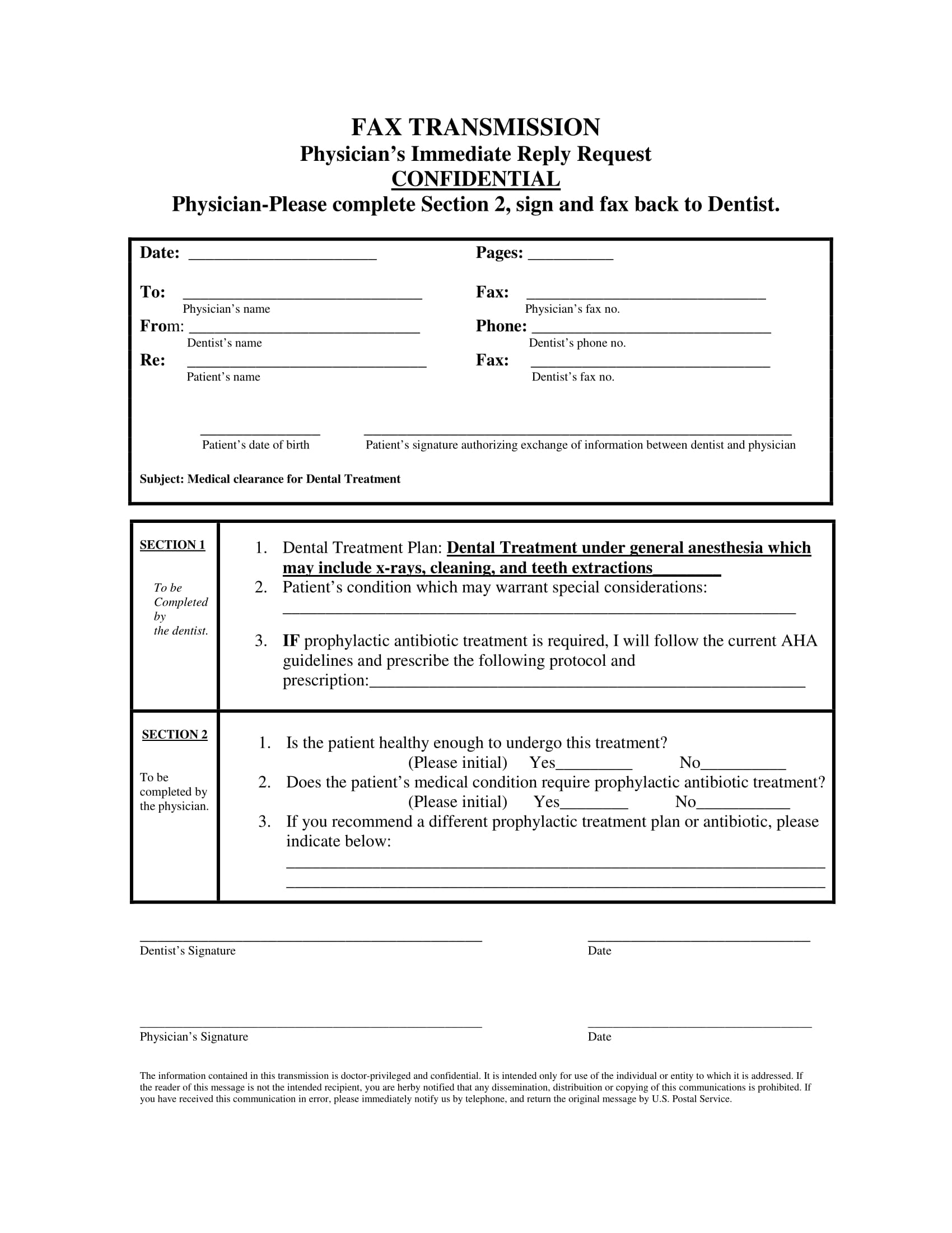 Printable Dental Clearance Form   Confidential Dental Medical Clearance Form 1 