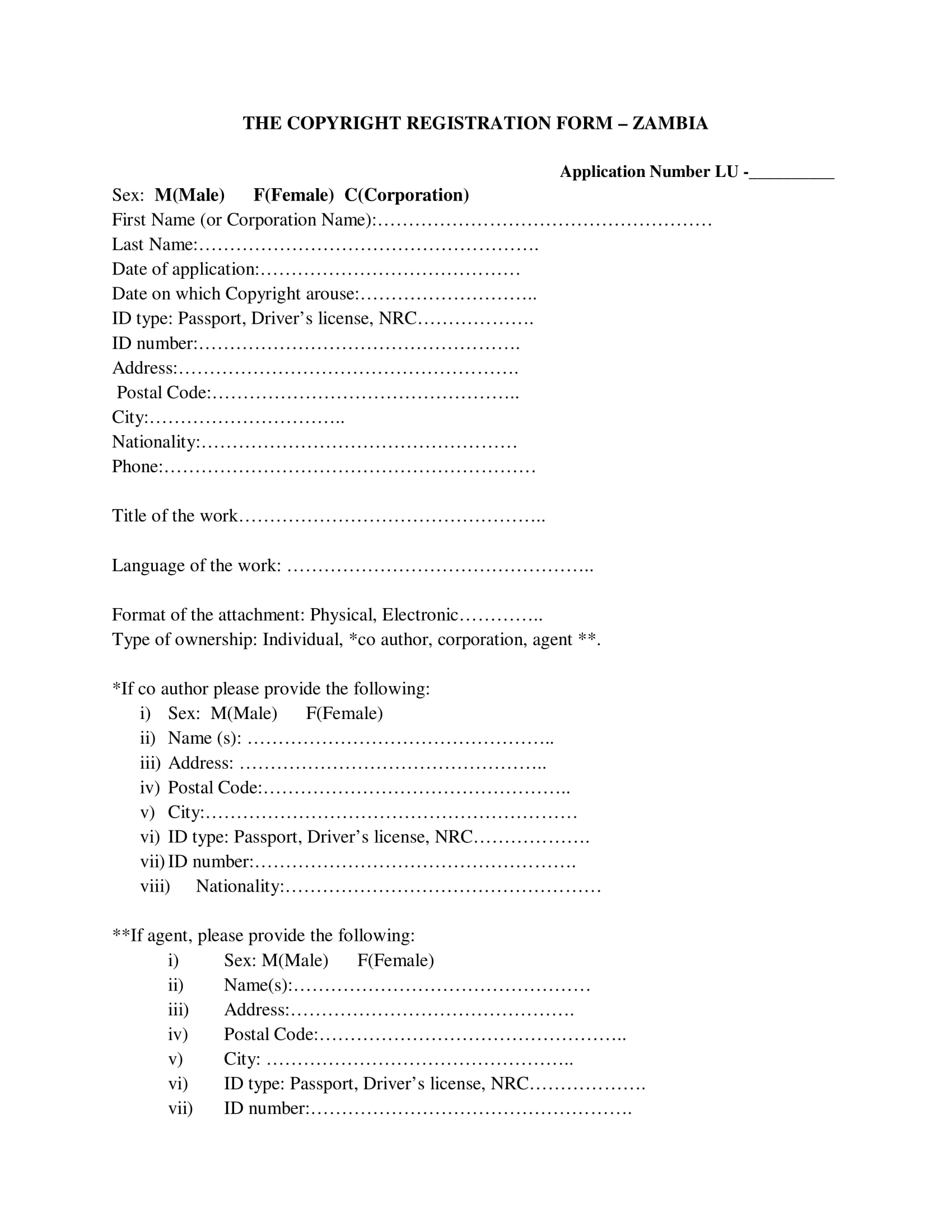 copyright registration form sample 1