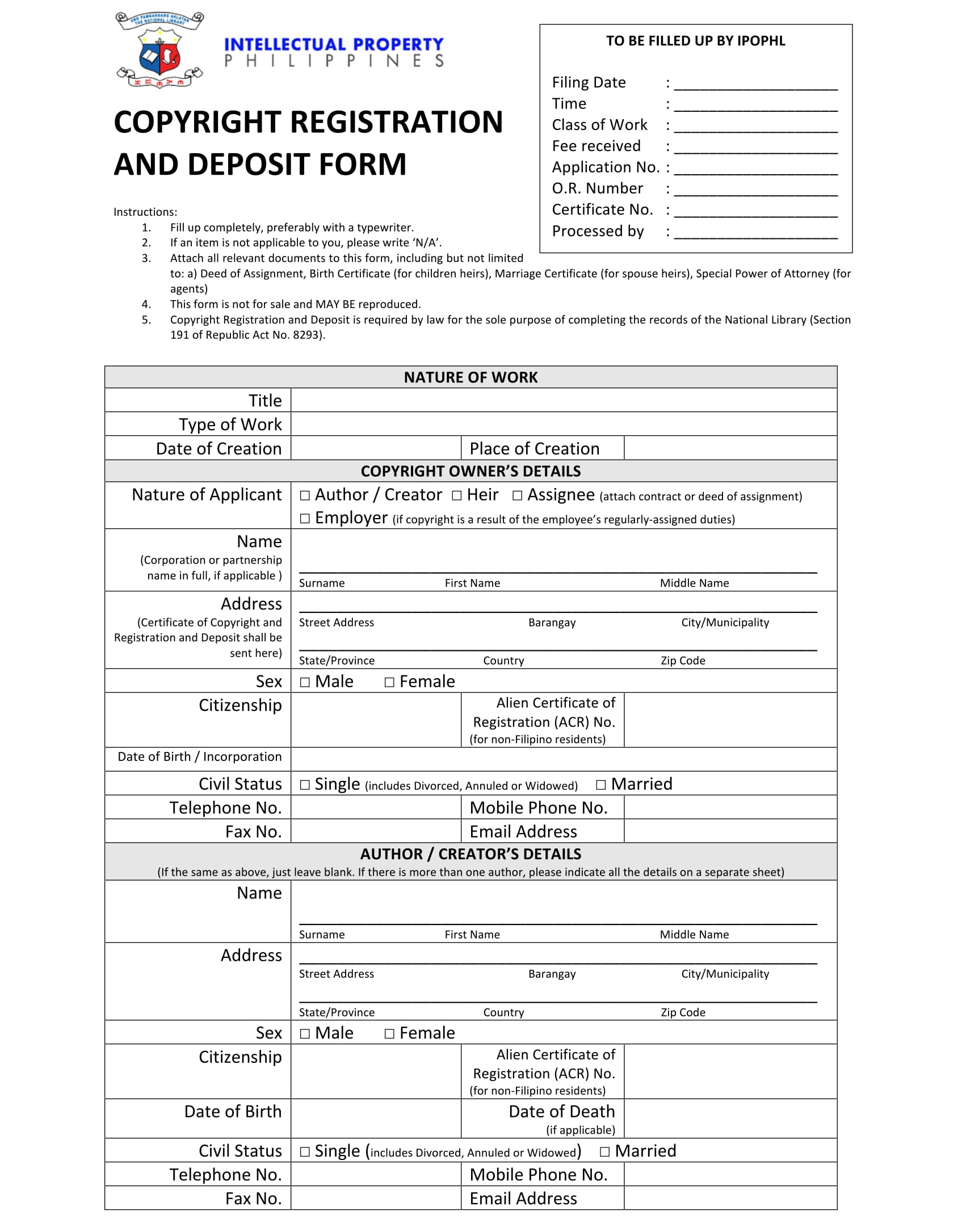 copyright registration and deposit form 1