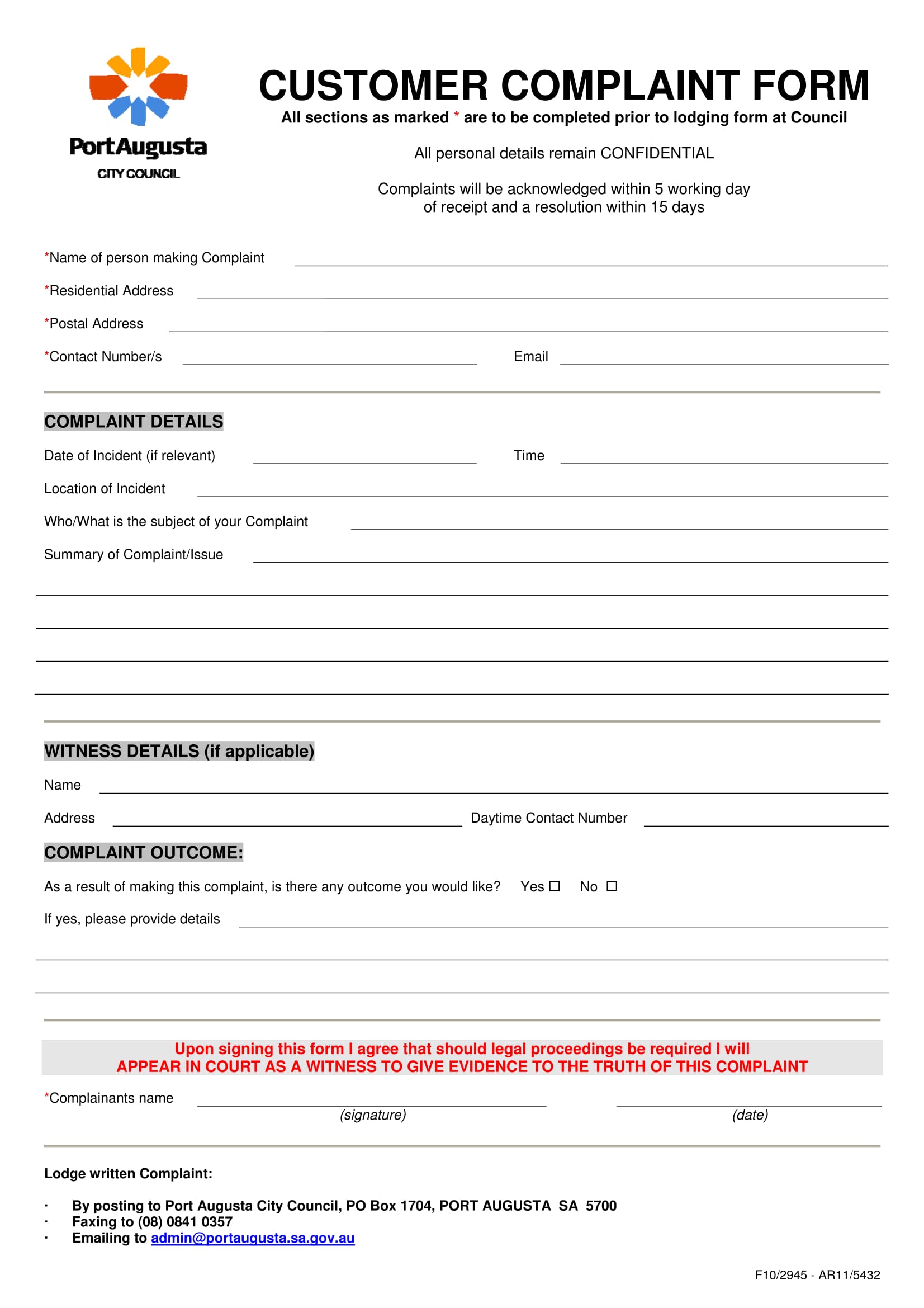 Client Complaint Form Template