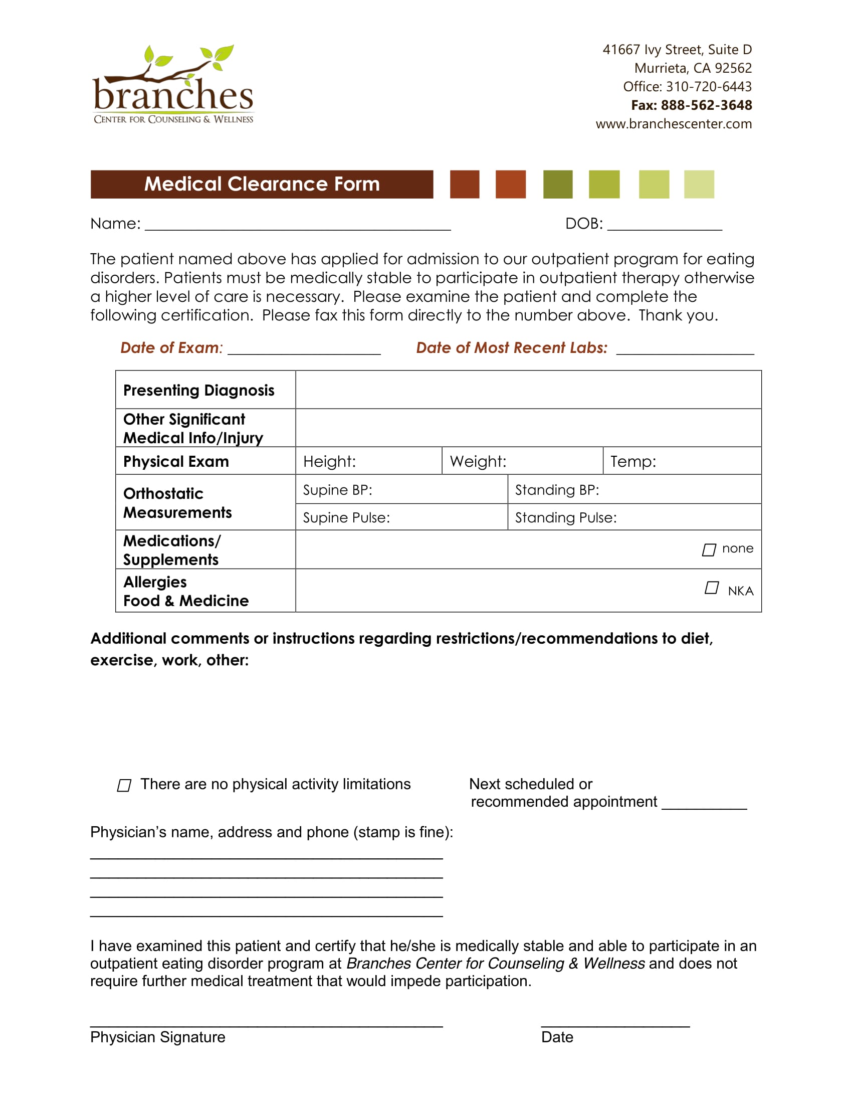 counseling medical clearance form 1