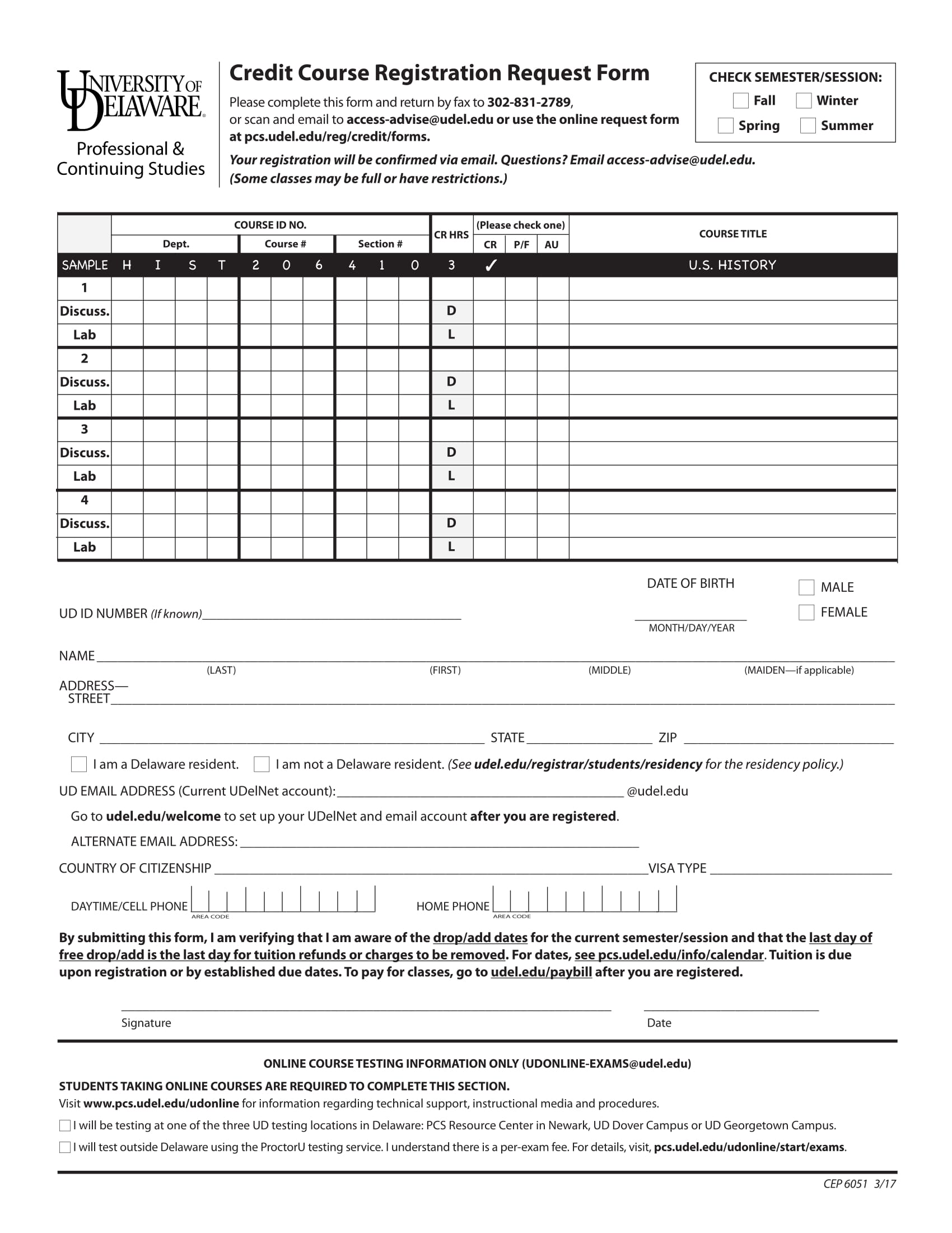 credit course registration request form 1