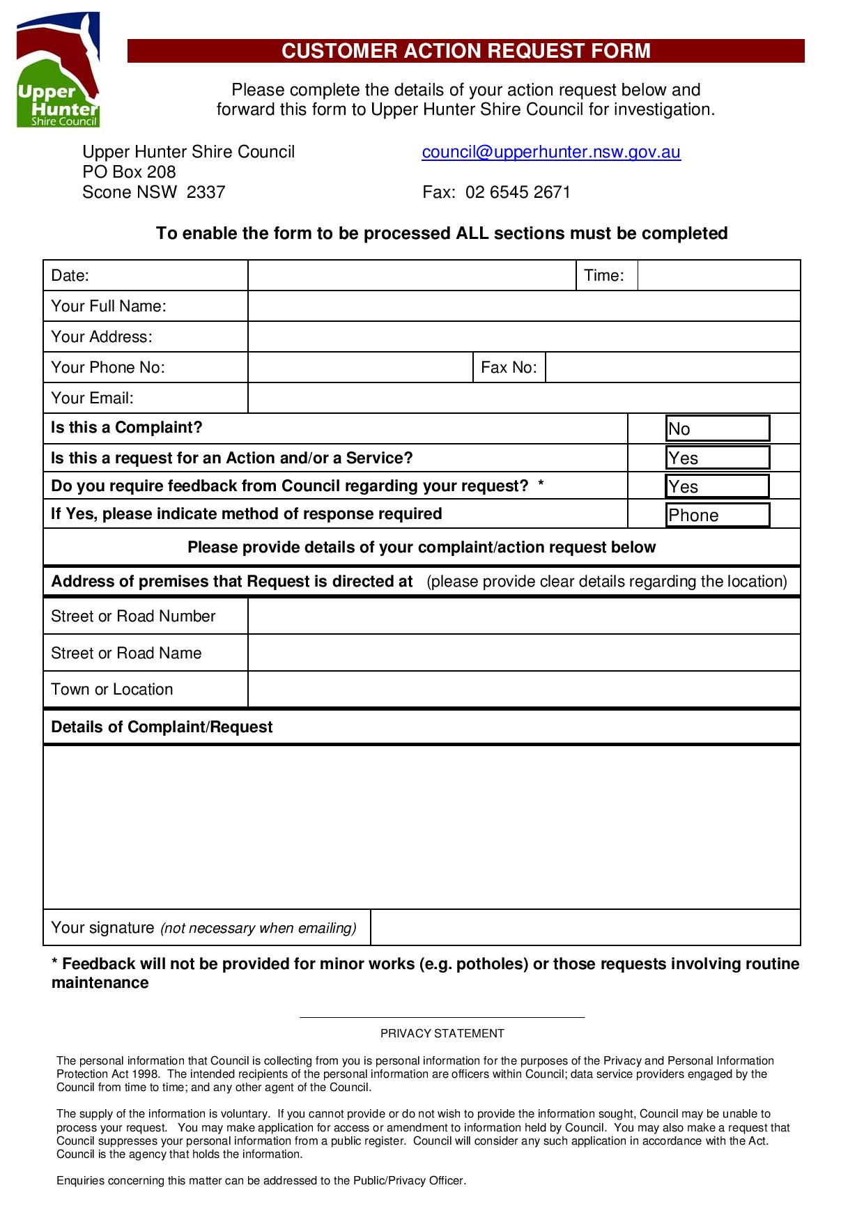 customer action request form page 001