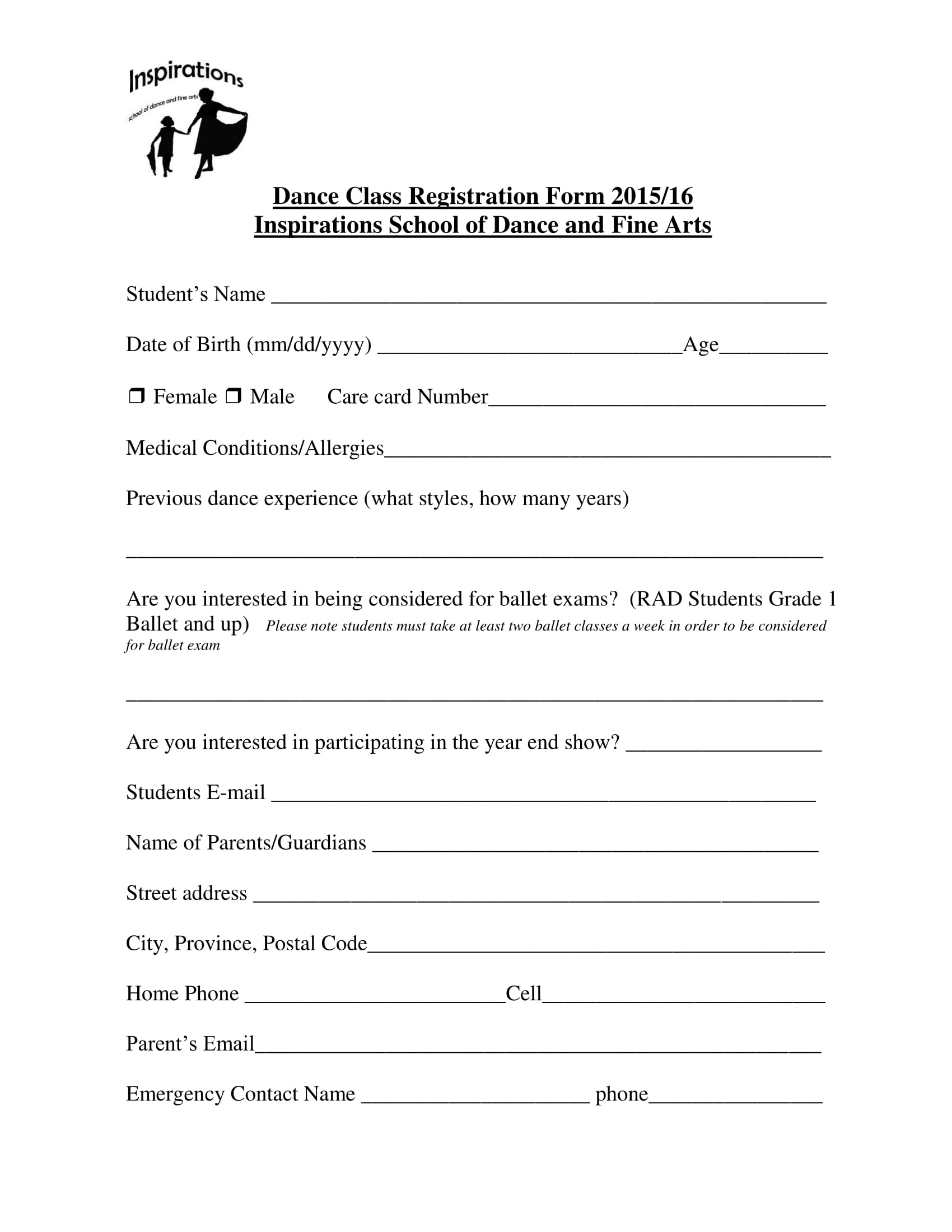 Class Printable Registration Form