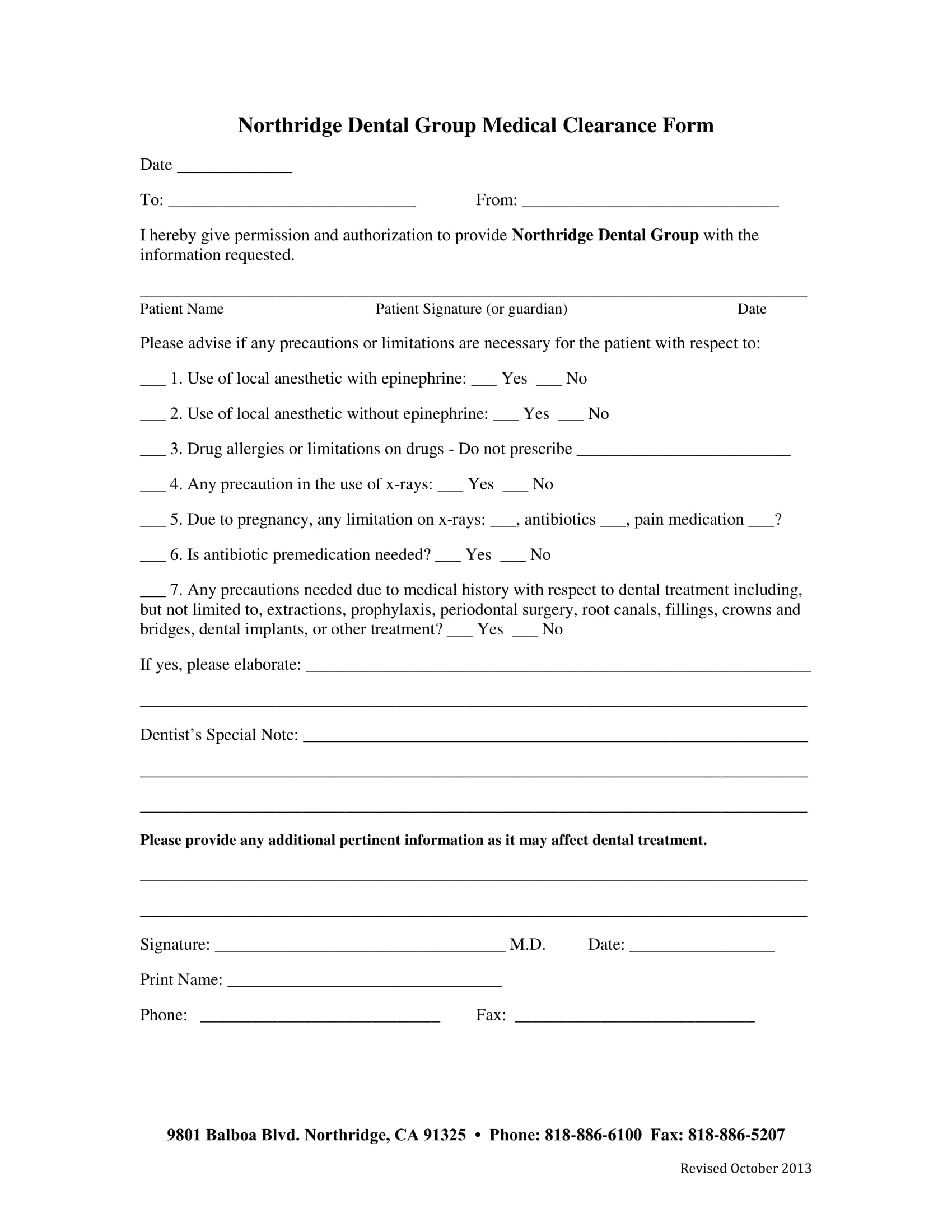 dental group medical clearance form 1