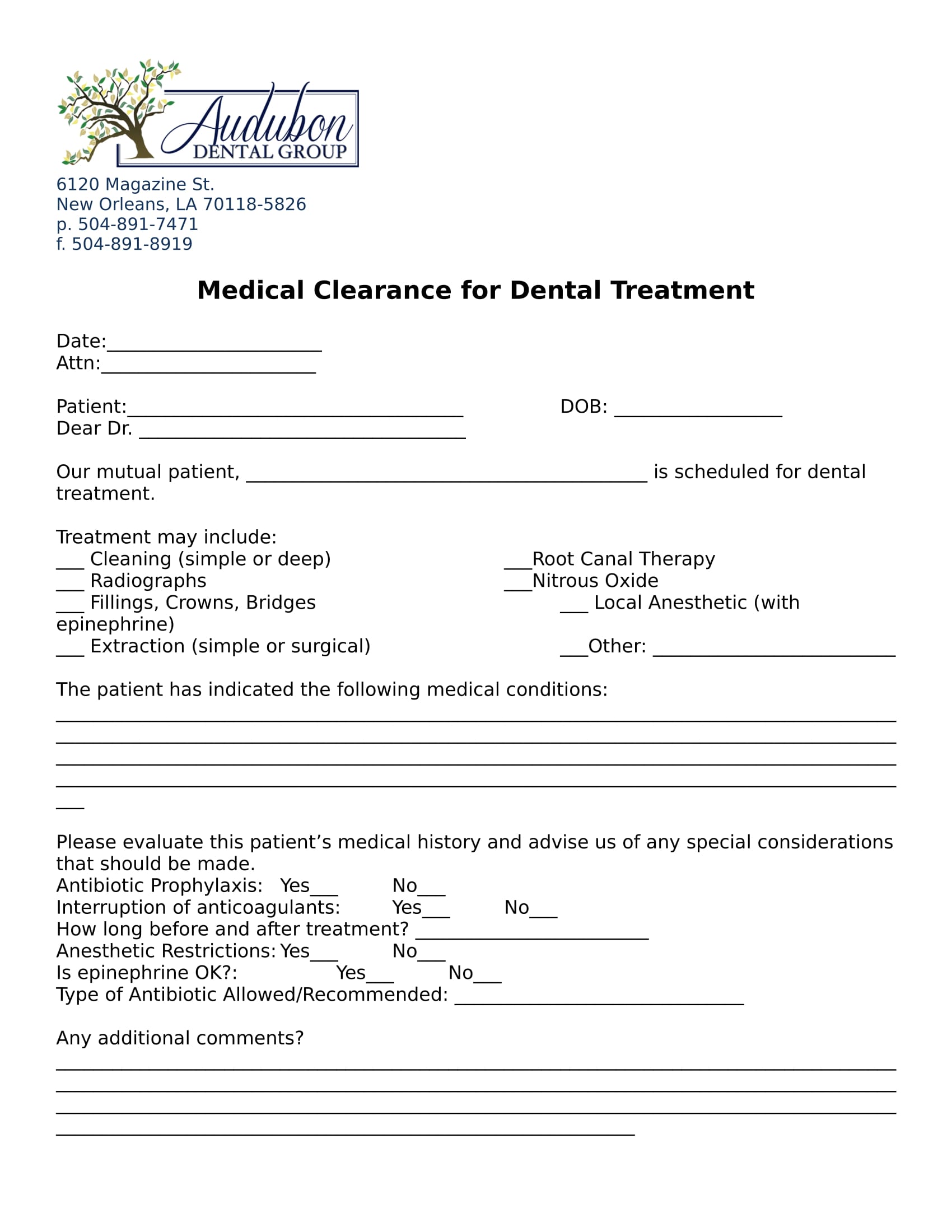 Printable Dental Clearance Form For Surgery