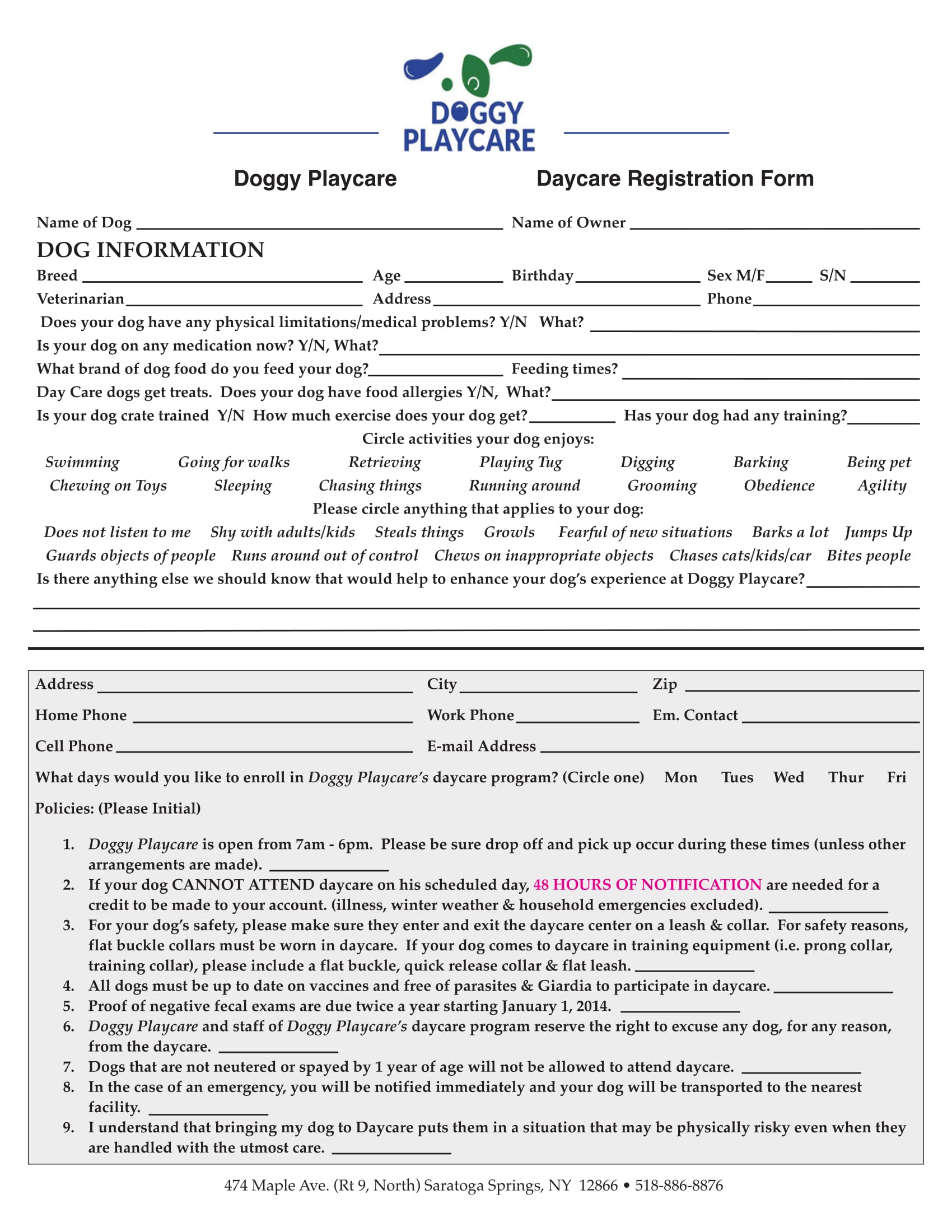 dog daycare registration form 1