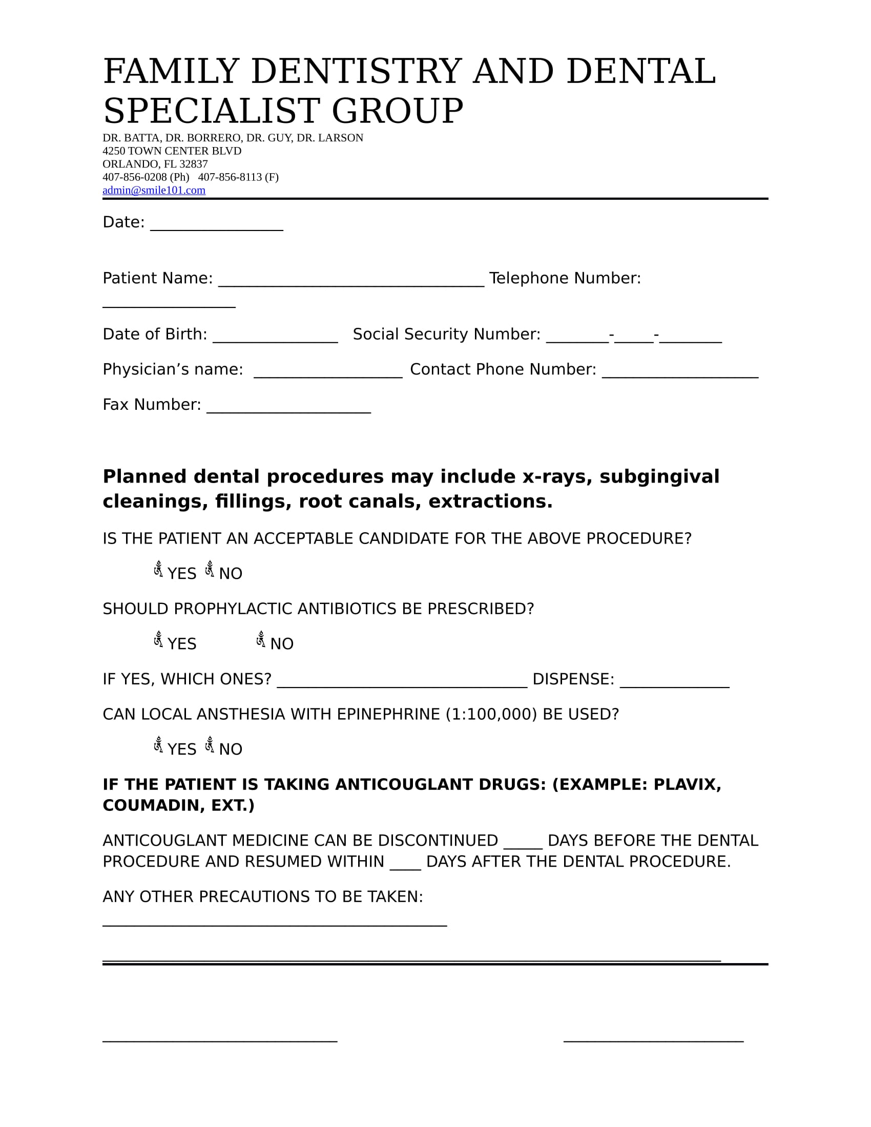 Printable Dental Medical Clearance Form
