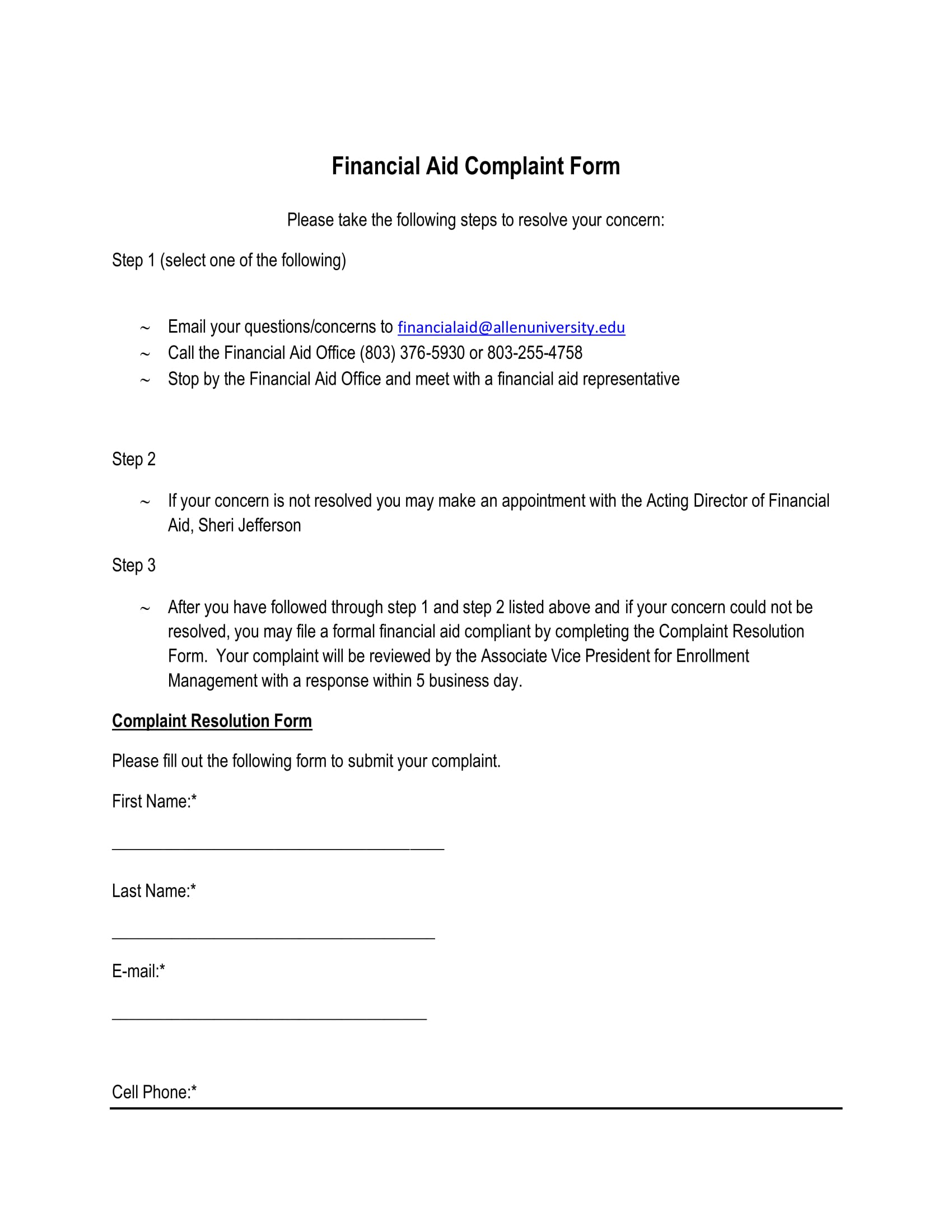 financial aid complaint form 1