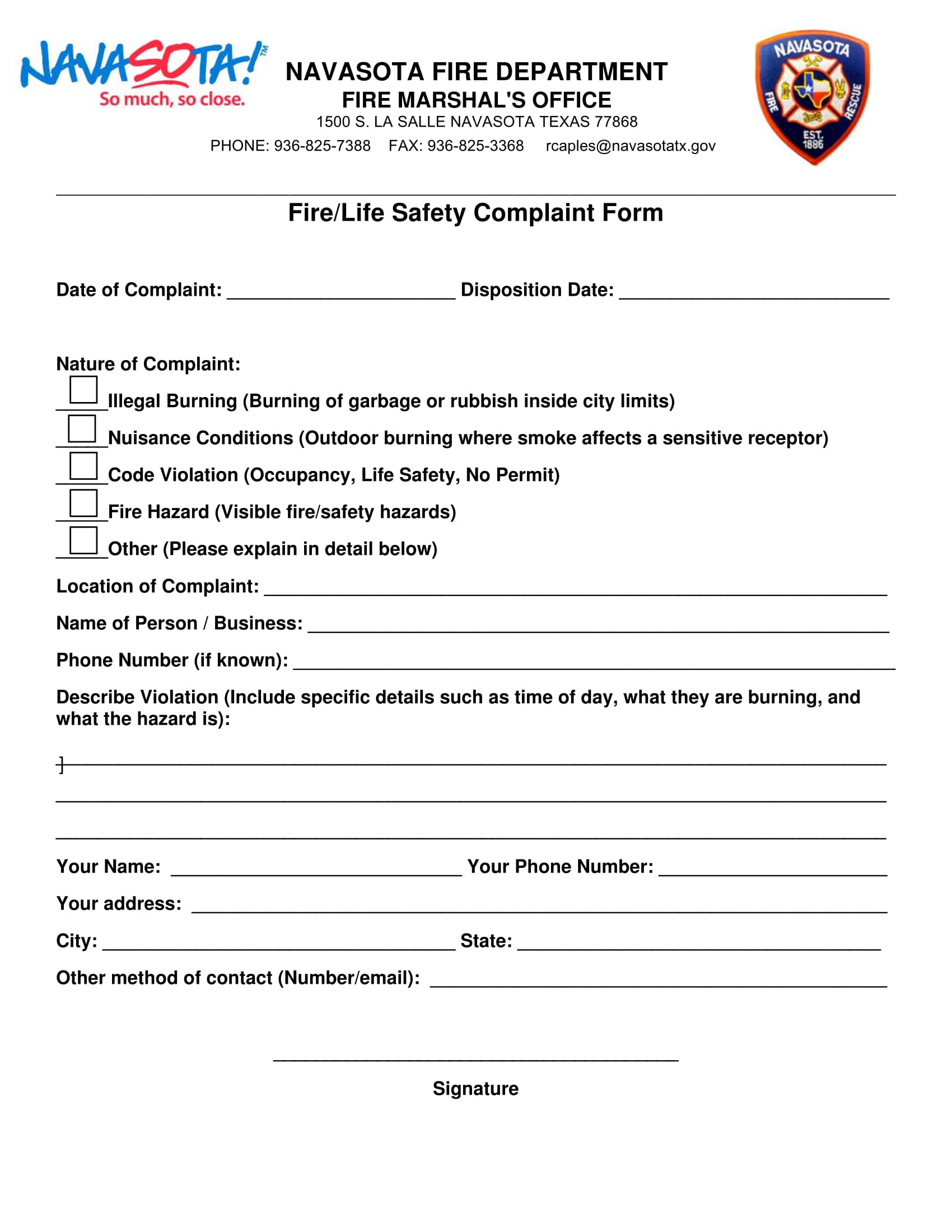 fire safety complaint form 1