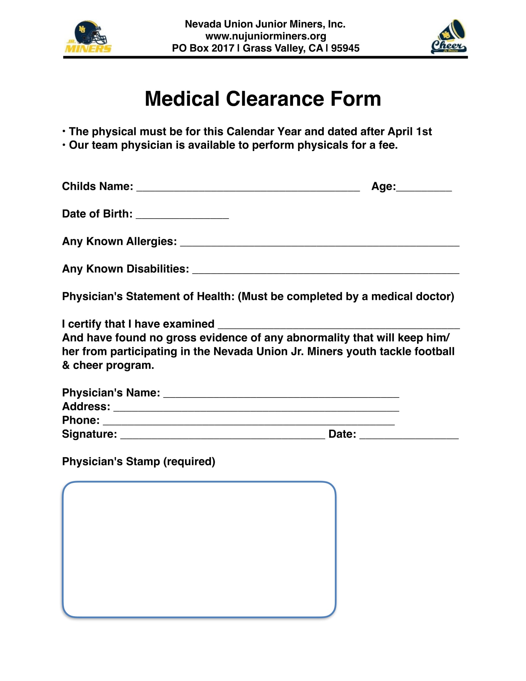 high school medical clearance form 1