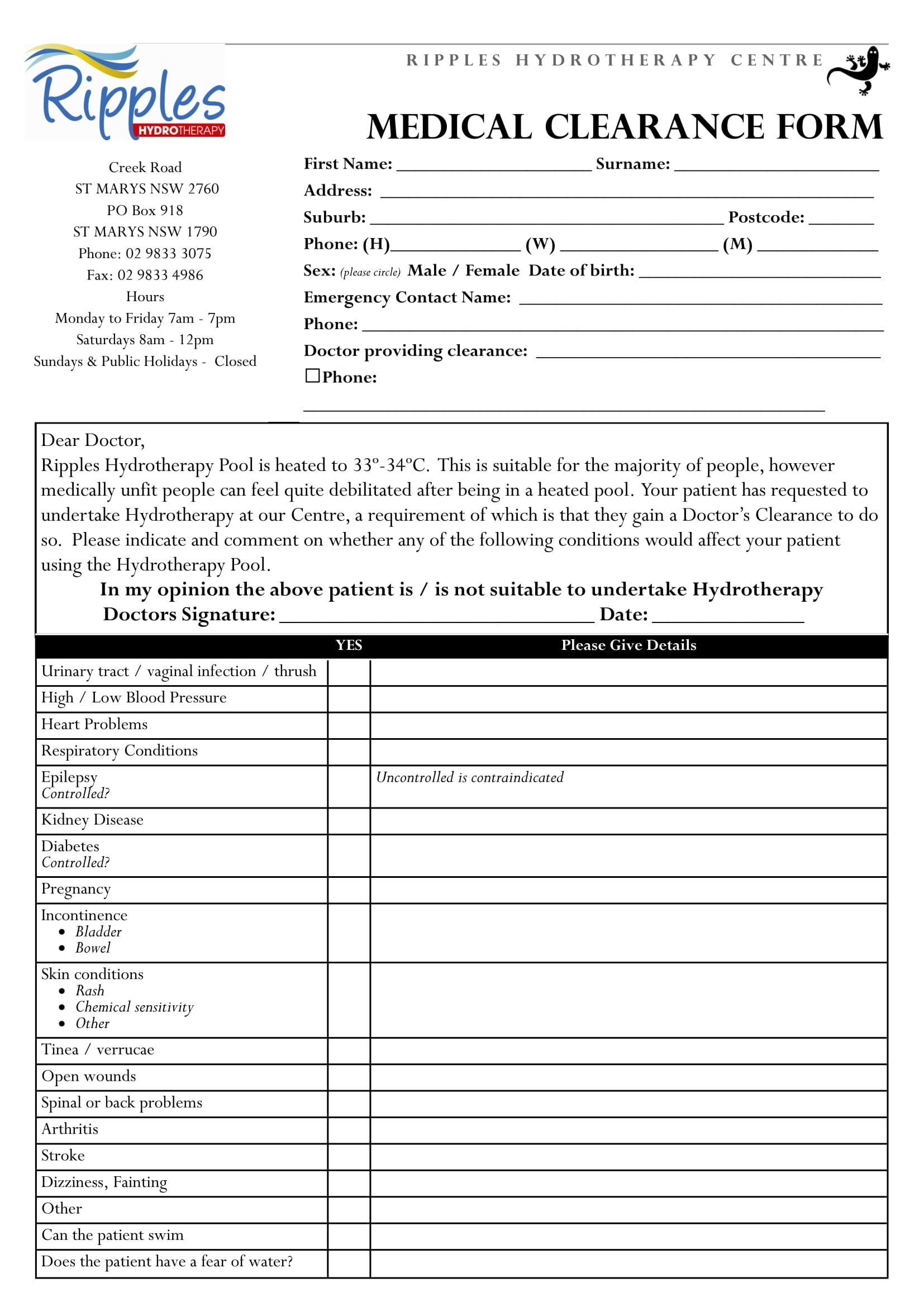 hydrotherapy medical clearance form 1