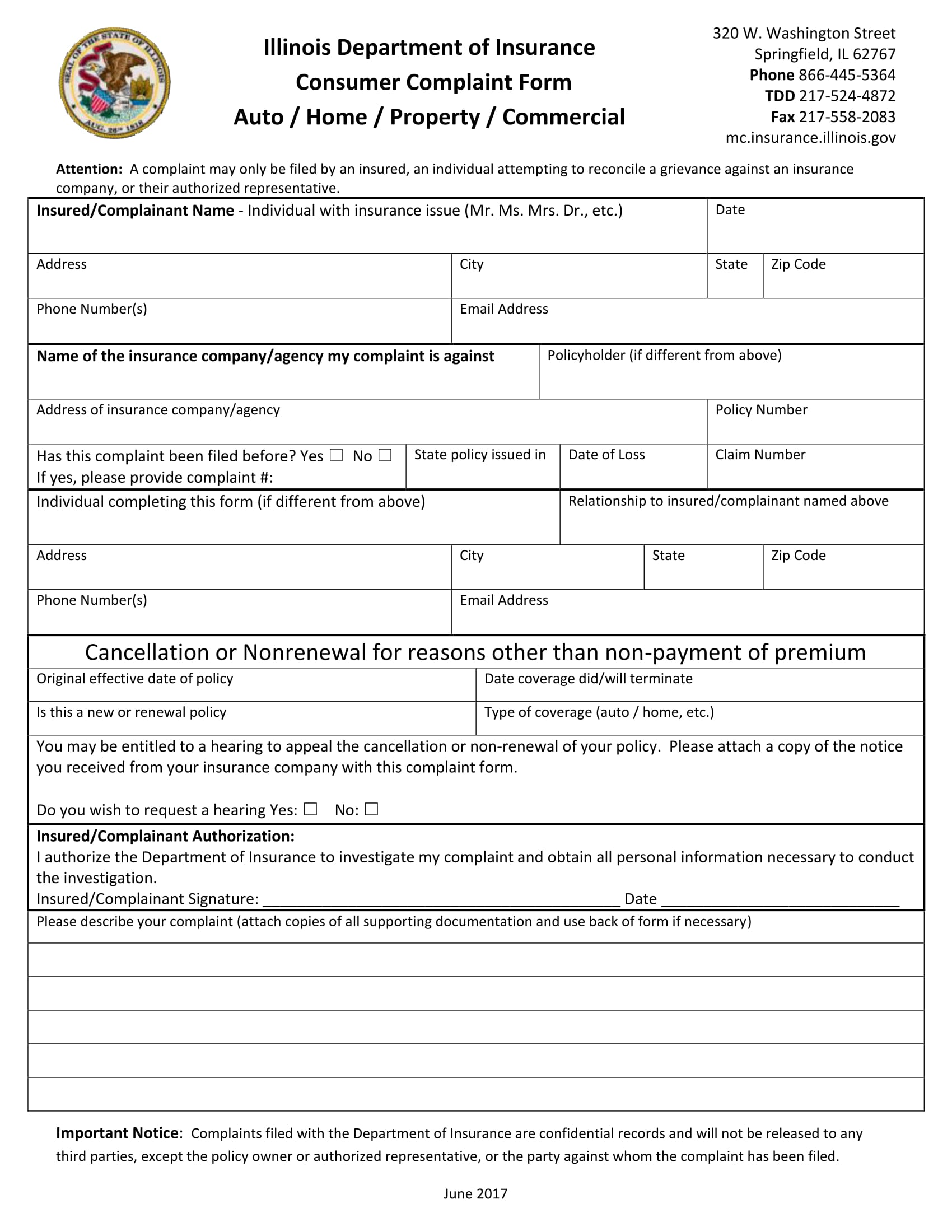 insurance consumer complaint form 1
