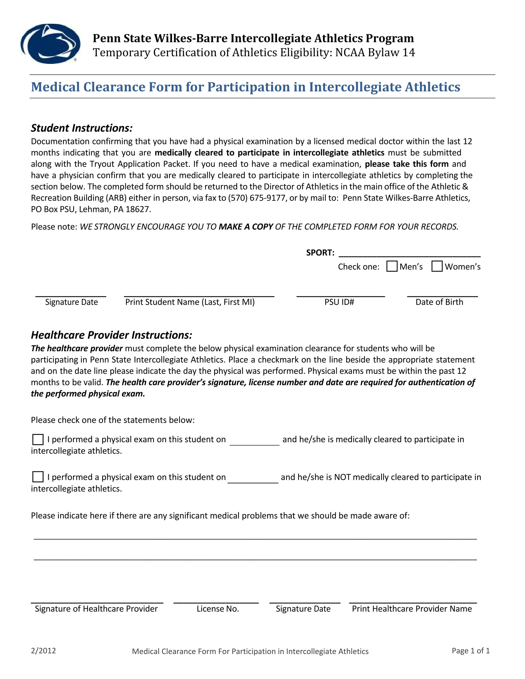 intercollegiate athletics medical clearance form 1