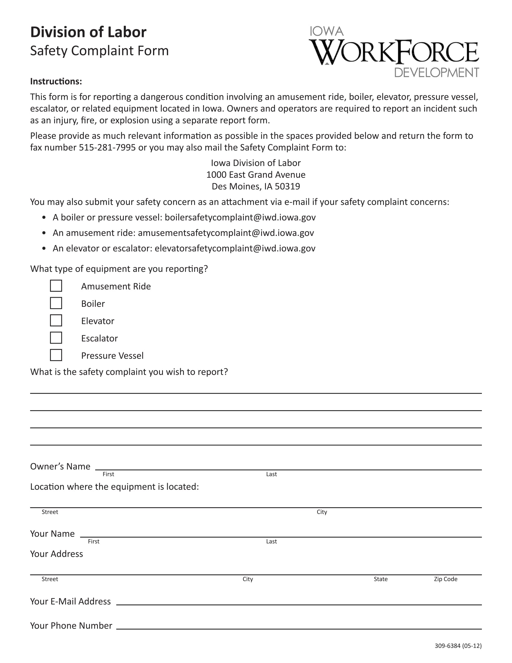 labor equipment safety complaint form 1