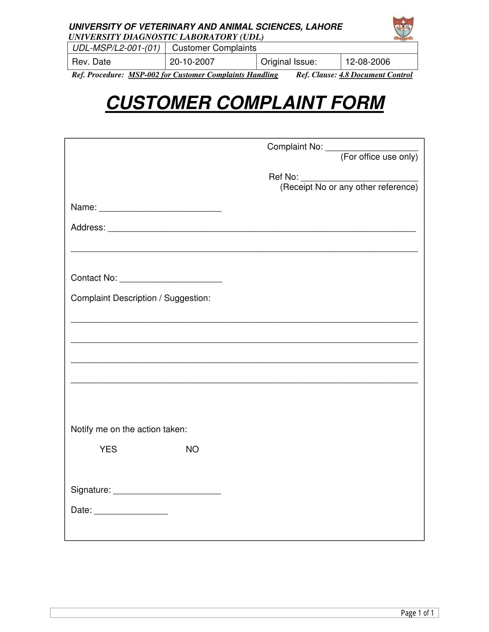 laboratory customer complaint form 1