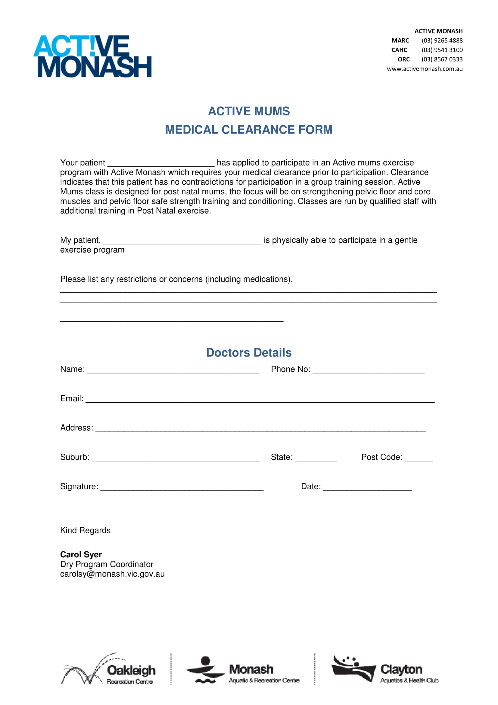 mum class medical clearance form 1