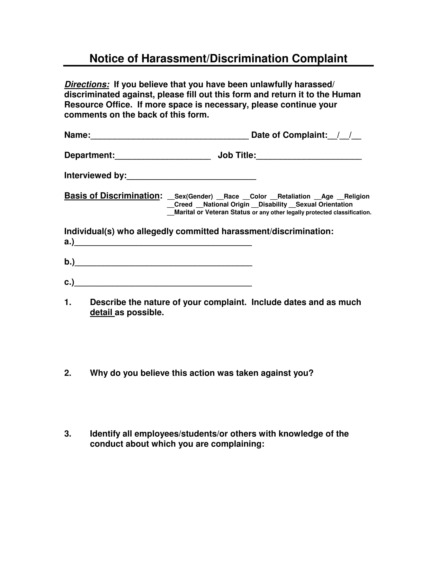 notice of harassment complaint form 1