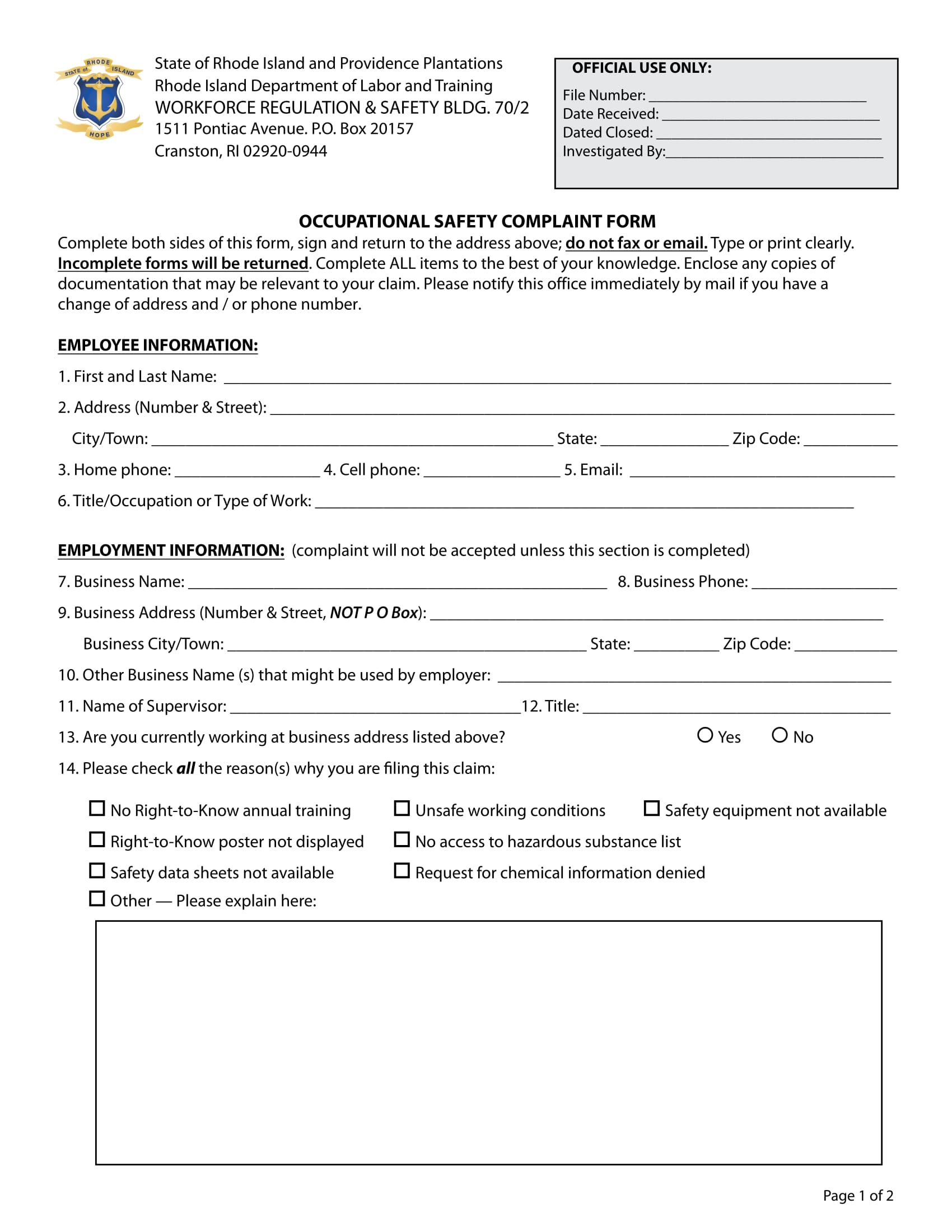 occupational safety complaint form 1