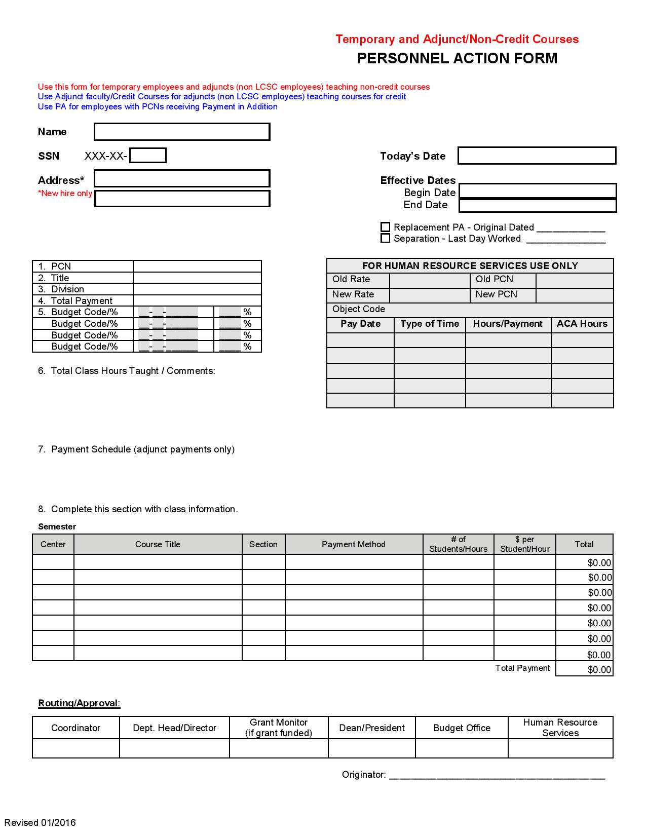 personnel action form non credit courses page 001