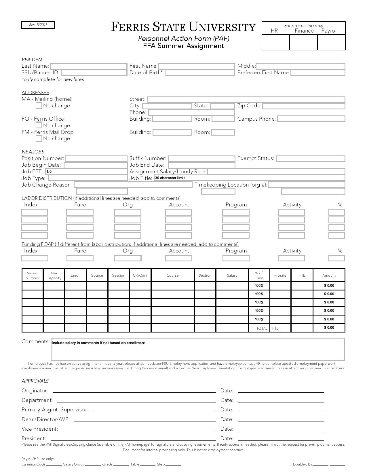 personnel action form summer assignment page 001