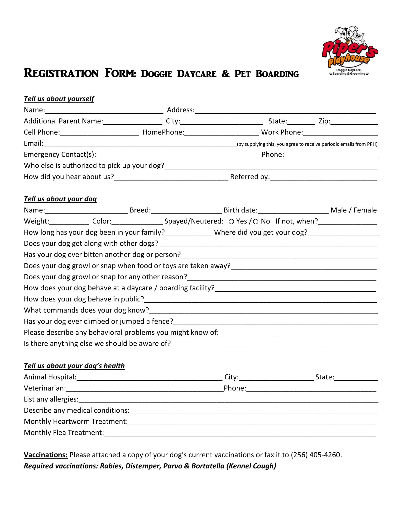 pet boarding daycare registration form 1