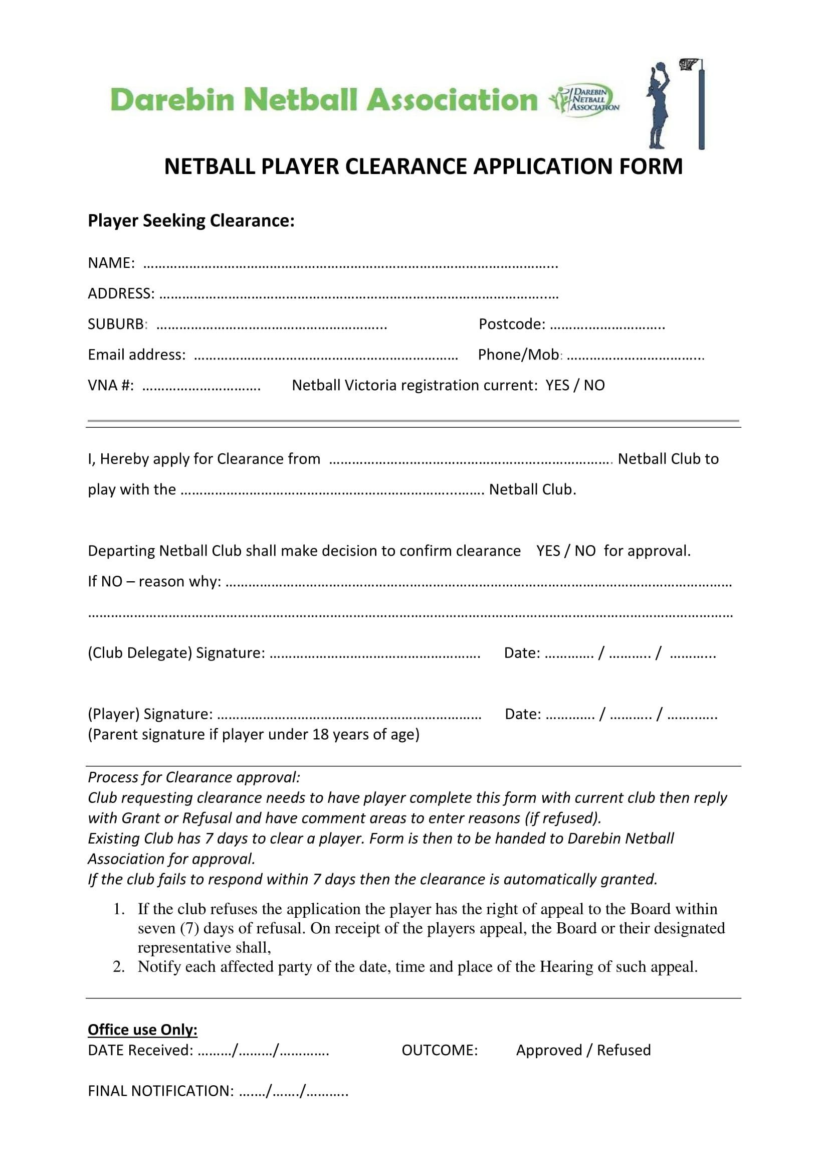 player clearance application form 1