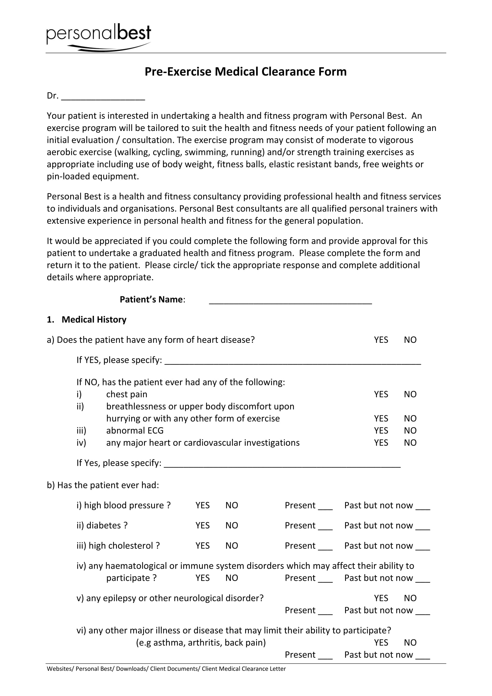 pre exercise medical clearance form 1