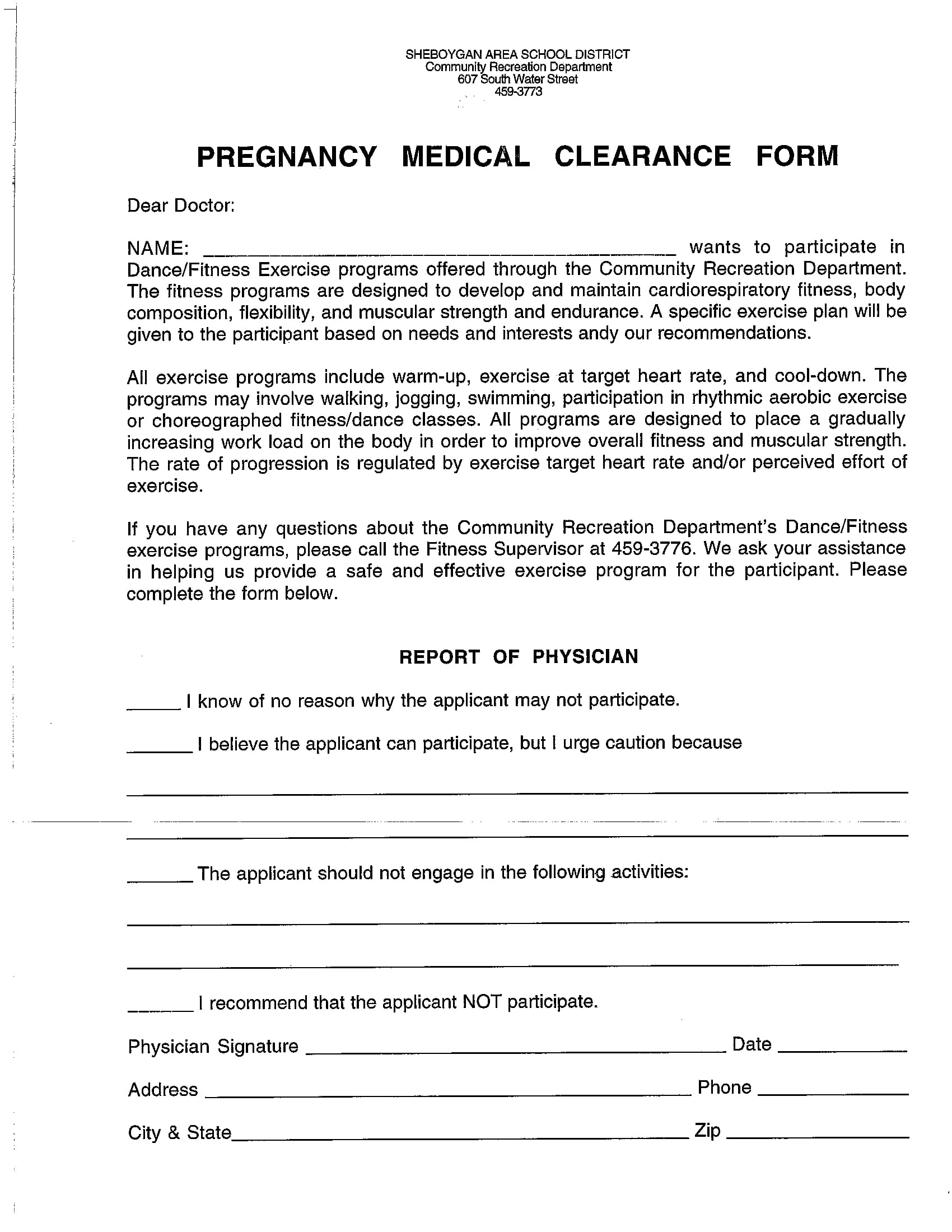 pregnancy medical clearance form 1