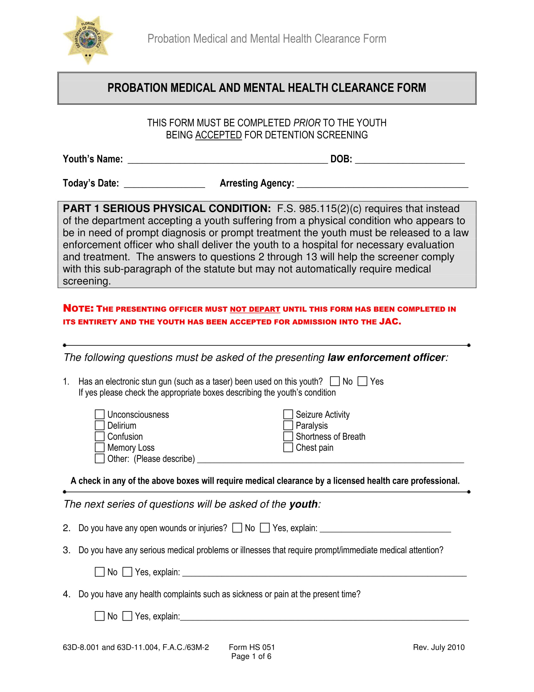 probation medical clearance form