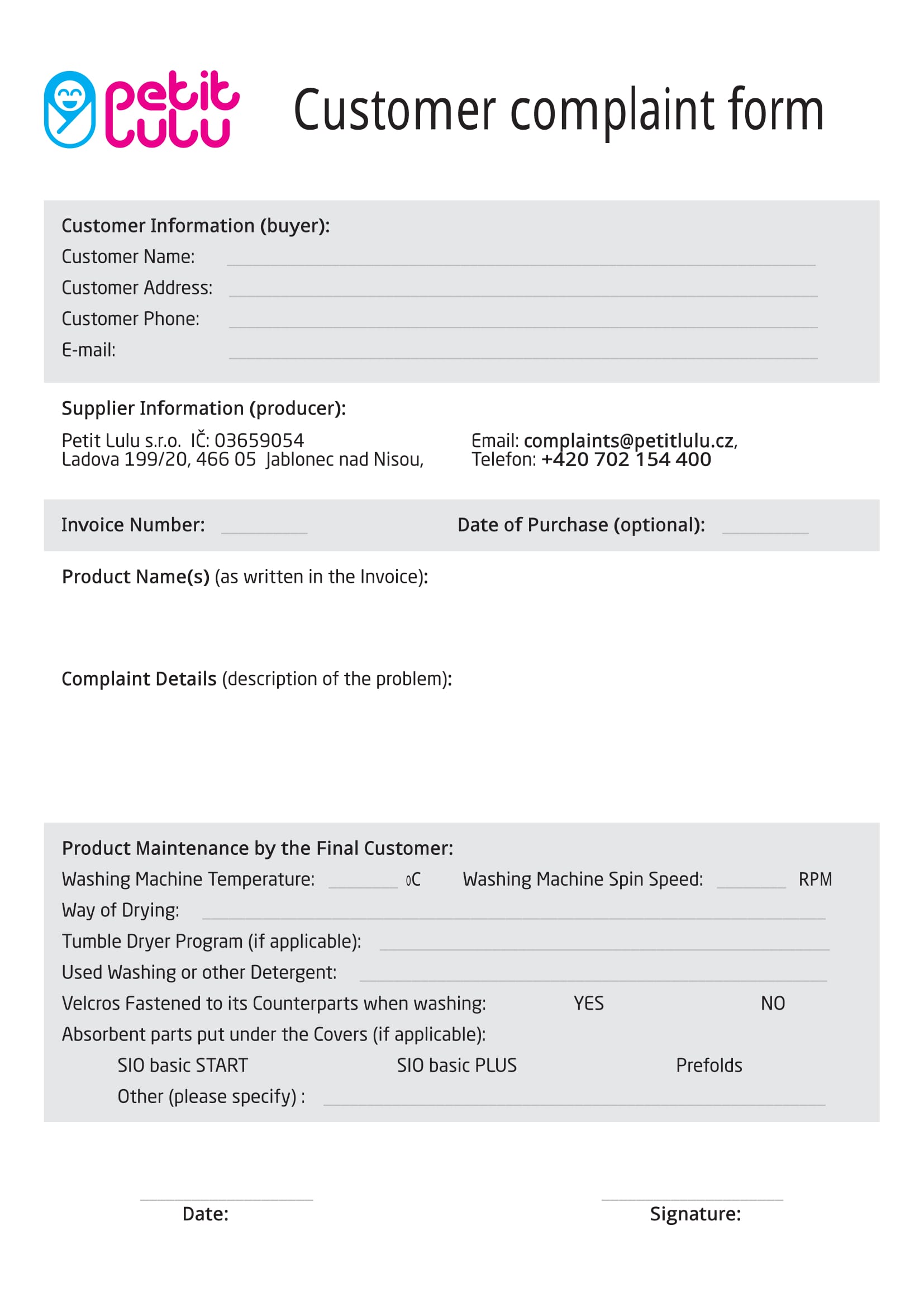 product customer complaint form 1