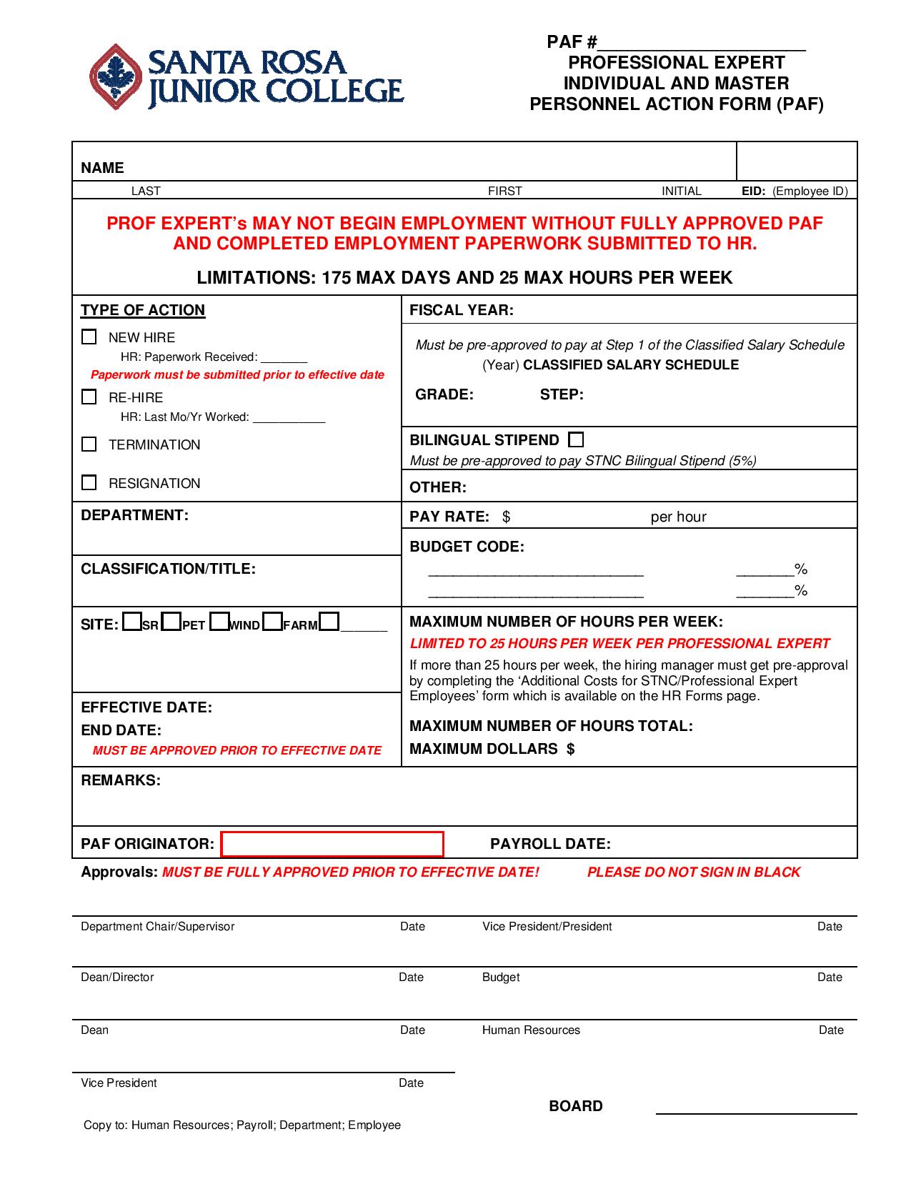 professional expert personnel action form page 001